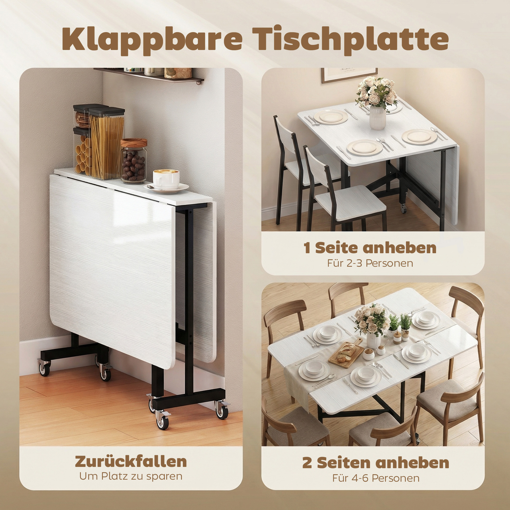 mobiler Klapptisch mit 6 Rollen und Bremsen, faltbarer Küchen-Esstisch für kleine Räume, Weiß