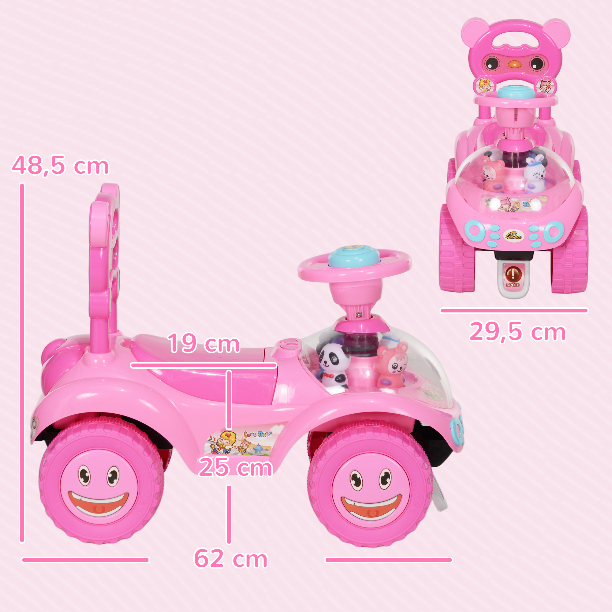 Rutschauto Kinder Rutschfahrzeug mit Musik Hupe, Licht Anti-Kipp-Schutz & Stauraum unter dem Sitz, 18-36 Monaten, Rosa