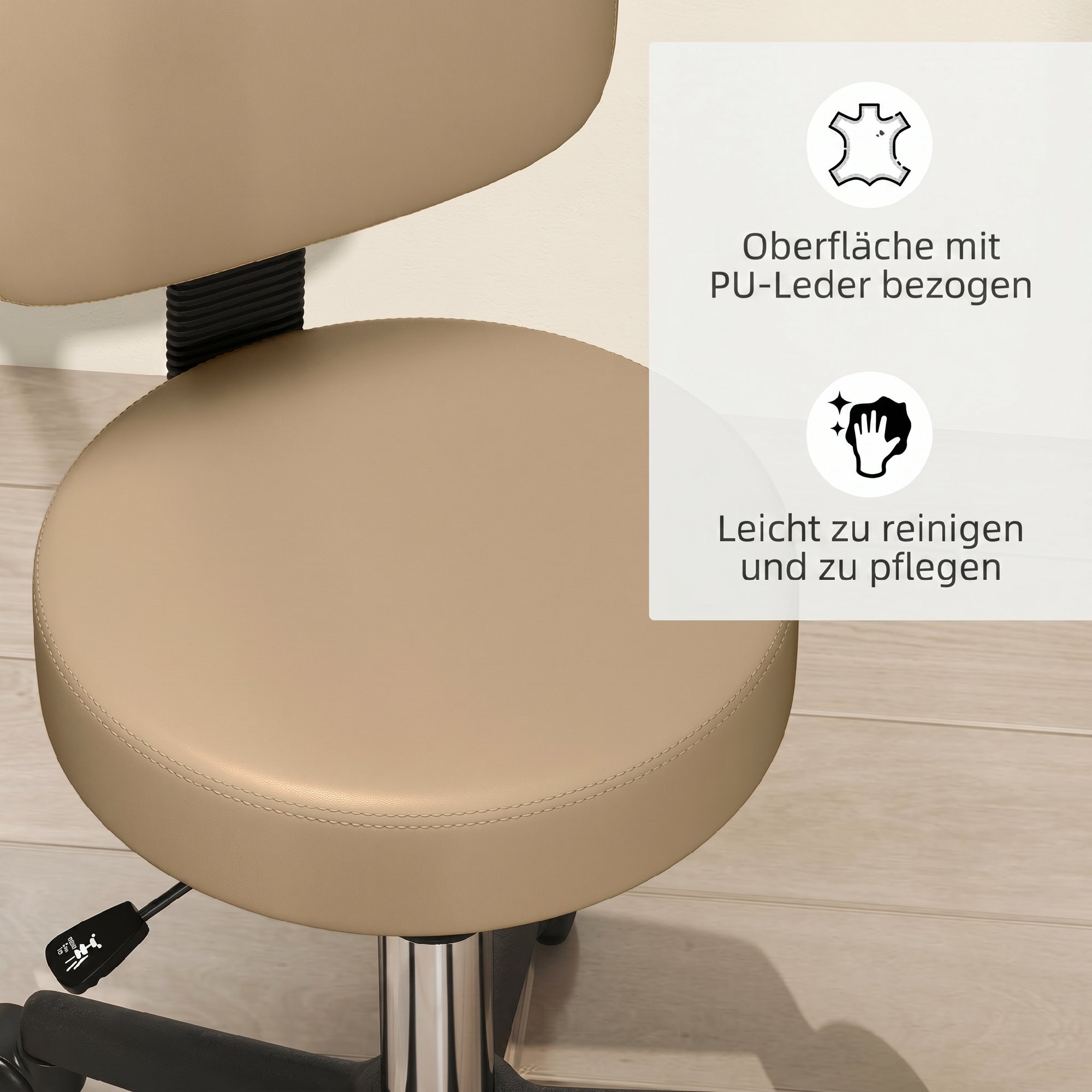 Rollhocker höhenverstellbar mit Rückenlehne 72-84 cm Hoch 360° Drehbar Arbeitshocker für Büro Salon Hellbraun