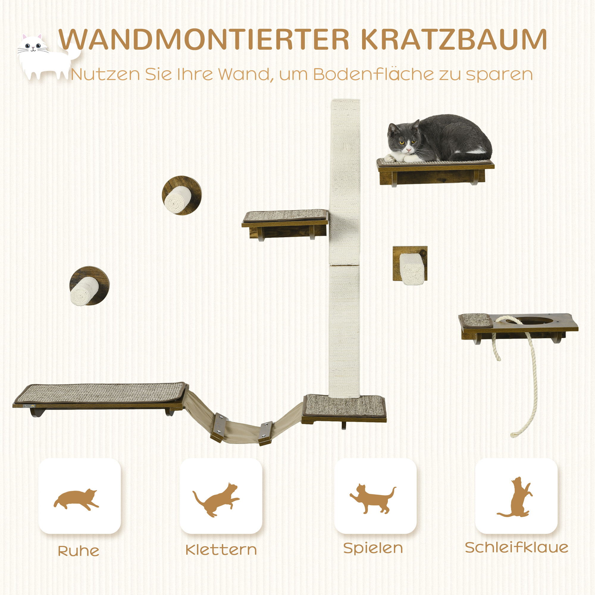 Katzentreppen-Set, Kletterwand, 8-teilig, bis 8 kg, robust, Braun/Cremeweiß