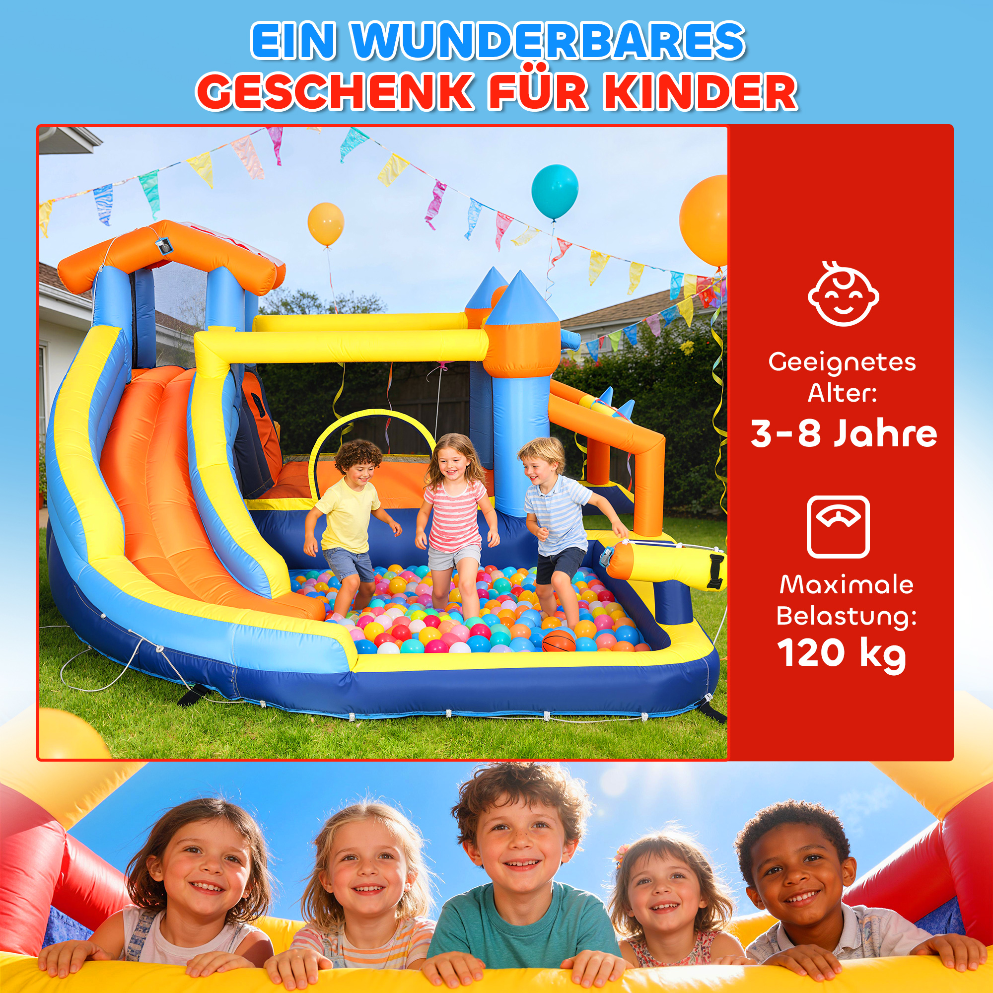8-in-1 Hüpfburg mit Gebläse Rutsche Planschbecken Trampolin Kletterwand für Indoor Outdoor 350x325x210cm Mehrfarbig