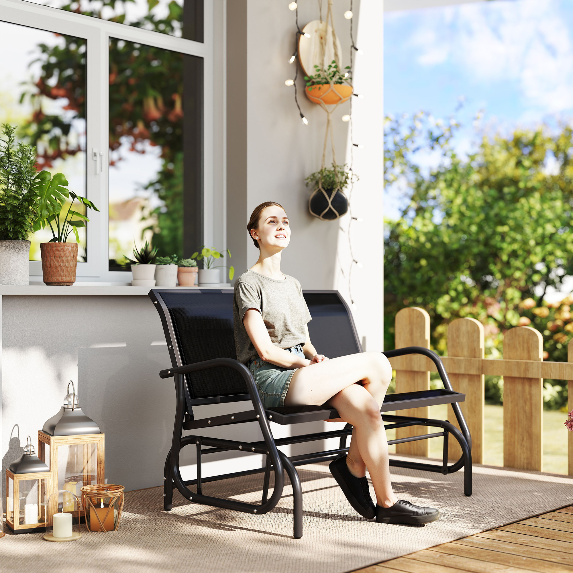 2-Sitzer Schaukelstuhl Gartenbank mit Schaukelmechanismus bis 200 kg belastbar 120 x 70 x 85 cm Schwarz