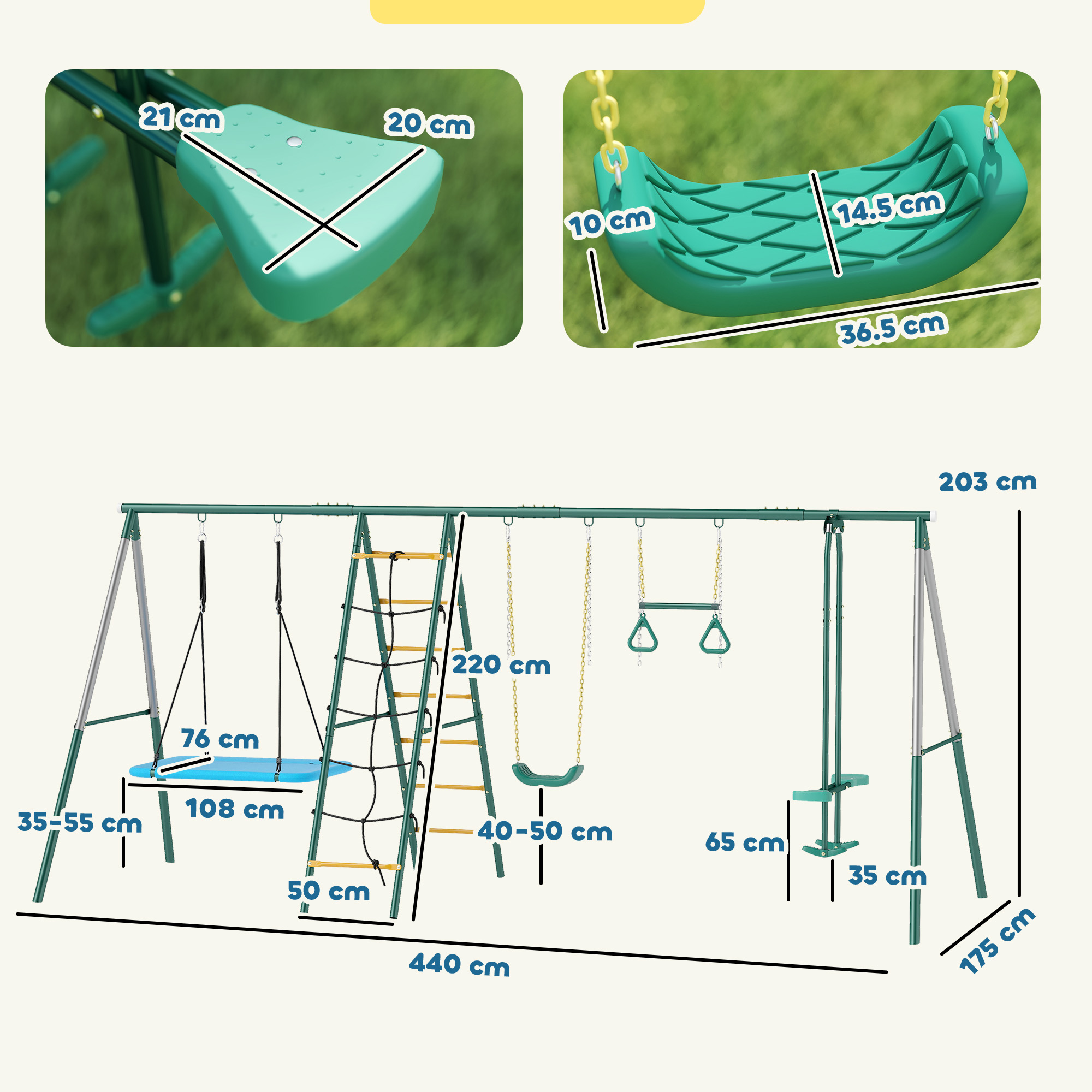 5-in-1 Schaukelgestell mit verstellbarer Nestschaukel Turnringe Doppelsitzer Klettergerüst für 3-8 Jahre 440x175x203 cm