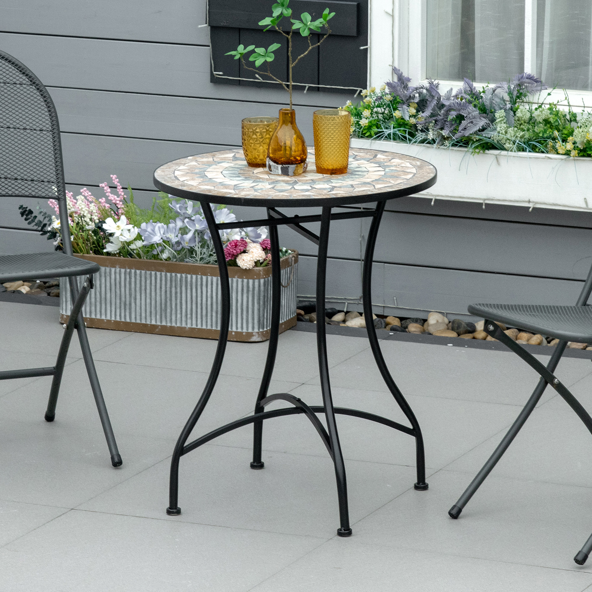 Gartentisch Mosaiktisch rund Bistrotisch Beistelltisch mit Mosaikplatte Keramik Metall Grün+Beige+Weiß Ø60 cm