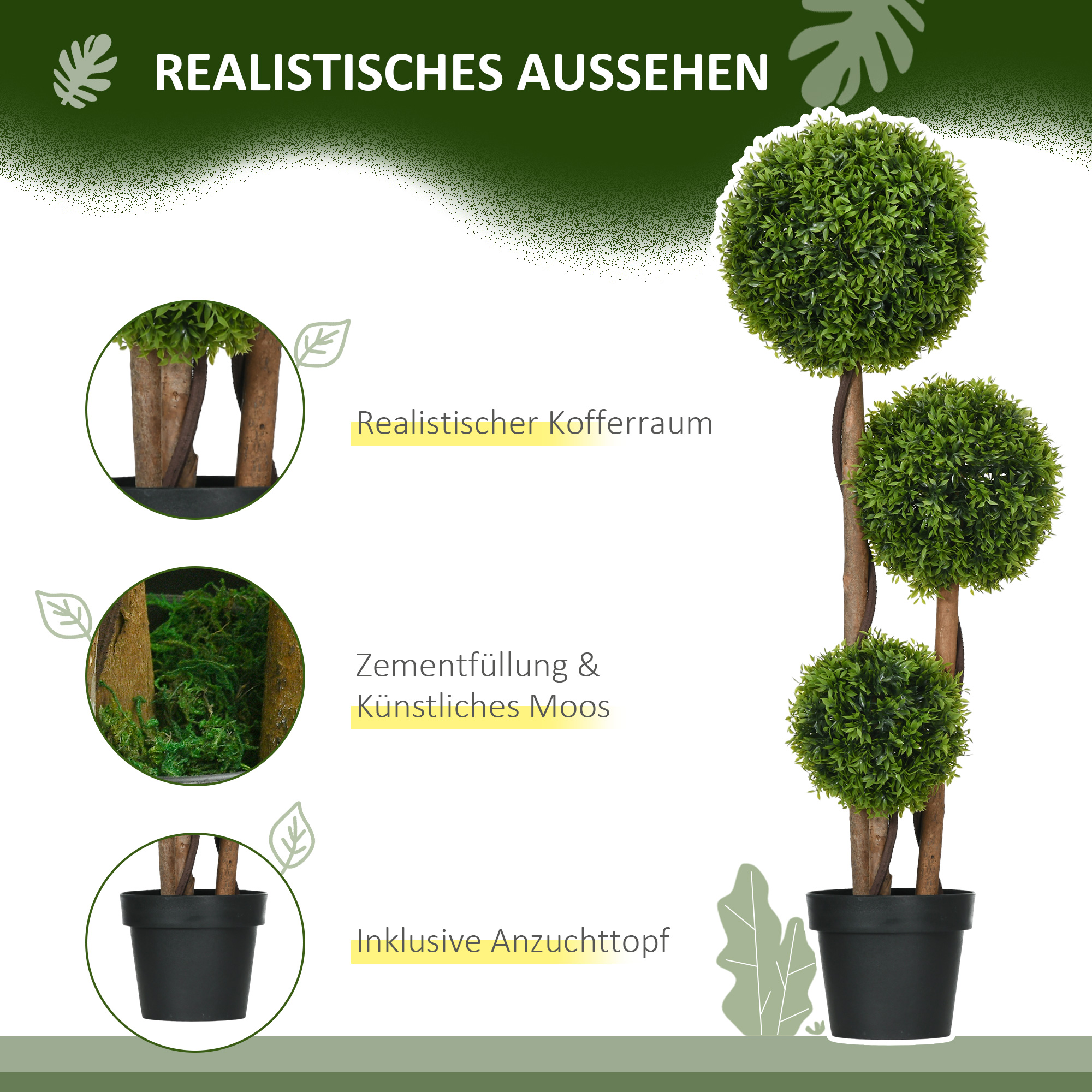 Künstlicher Buchsbaum groß 110cm, UV-beständige Kunstpflanze mit 3 Kugeln für Wohnzimmer Schlafzimmer Büro Garten