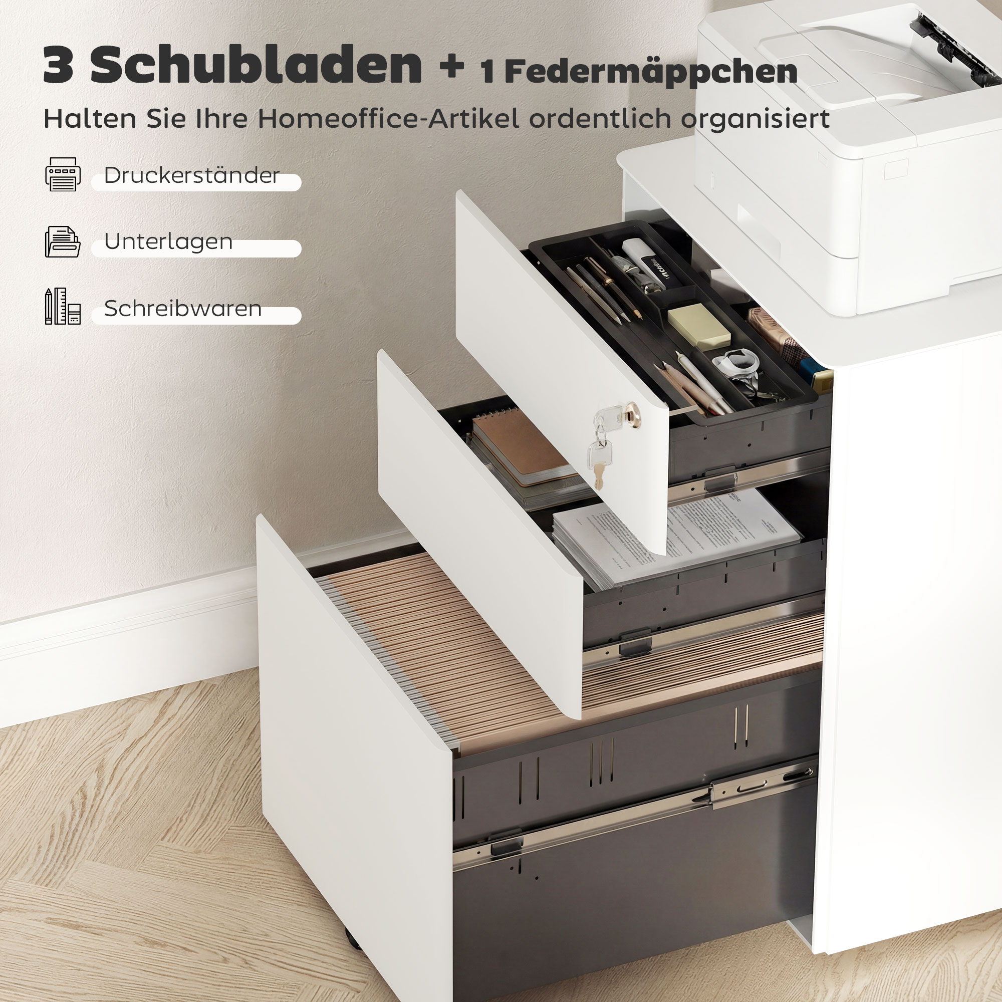 Rollcontainer mit 3 Schubladen mobiler Aktenschrank mit Rollen abschließbar Büroschrank mit Hängeregistratur Stiftfach, Bürocontainer für Büro, Homeoffice, 39 x 48 x 59 cm Weiß