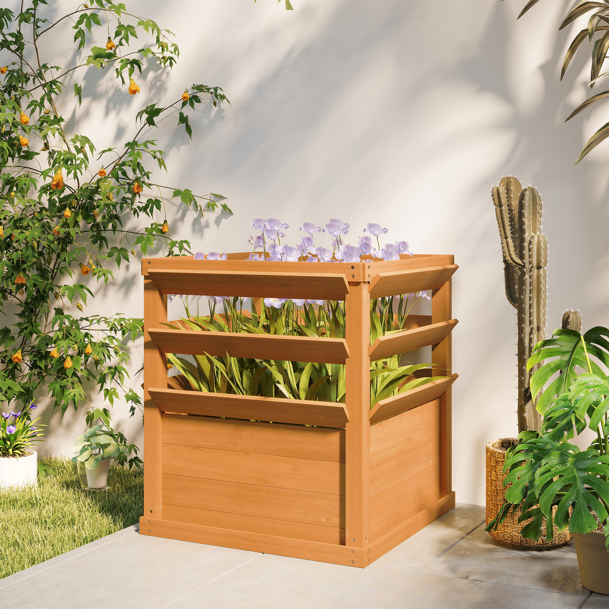 Hochbeet Pflanzkasten mit Rankgitter, Spalier Pflanzkübel Blumenkasten Holz 65 x 65 x 60 cm Karamellbraun