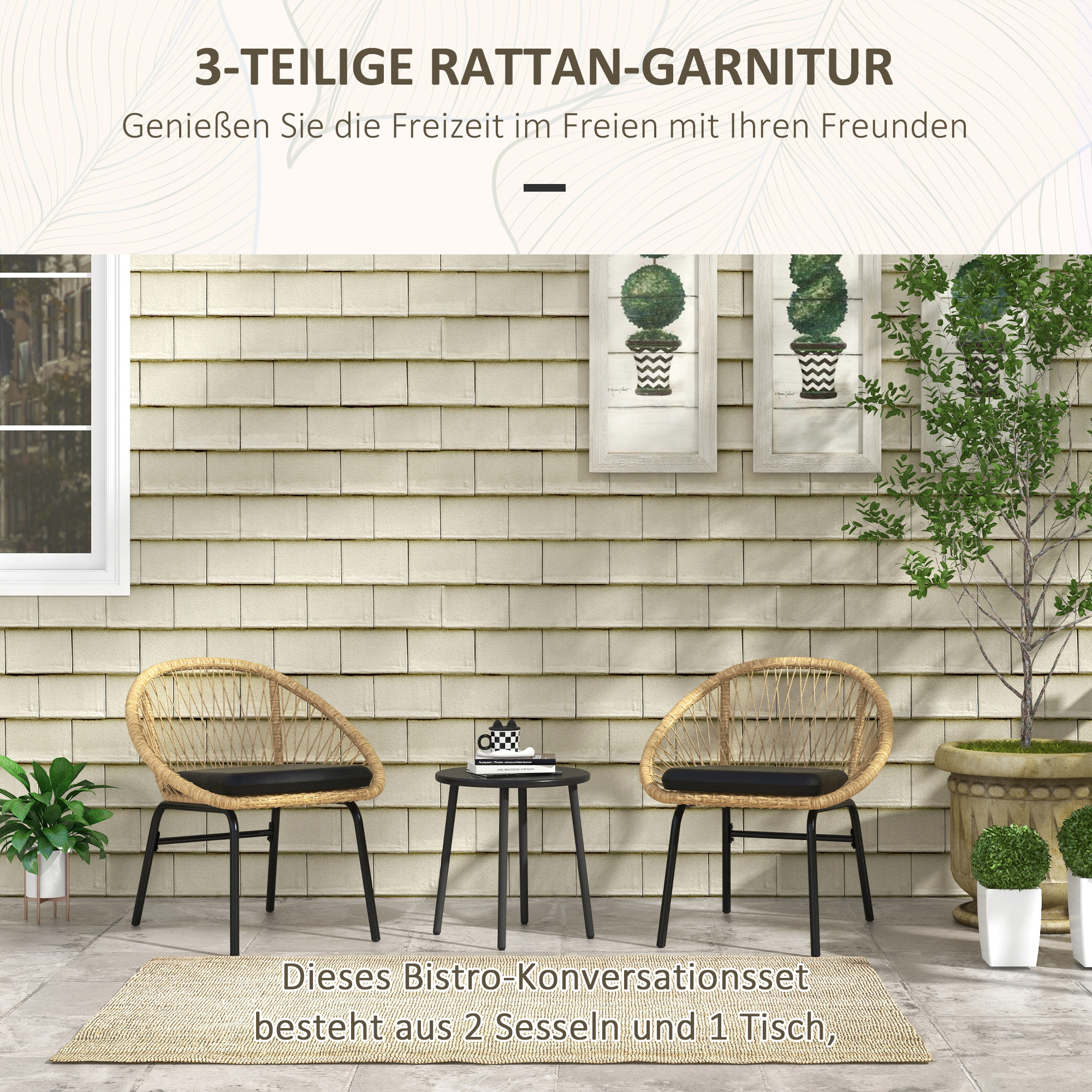 Rattan Terrassengarnitur, Gartenmöbel-Set, 2 Sessel & Tisch, Gelb