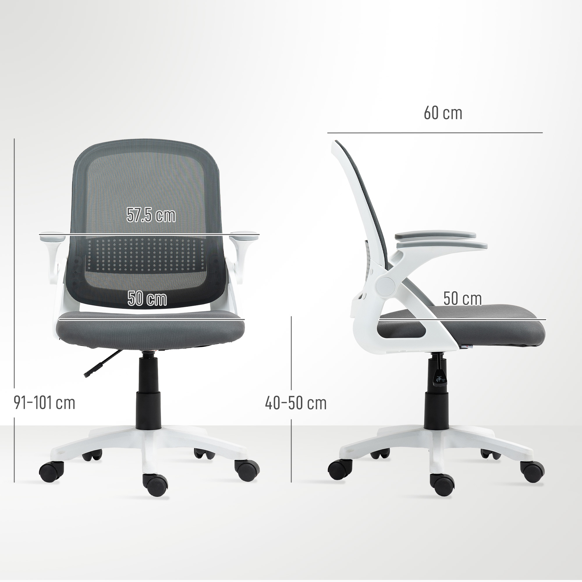Atmungsaktiver Mesh-Bürostuhl, Ergonomischer Drehstuhl mit klappbaren Armlehnen und Lendenwirbelstütze, Grau