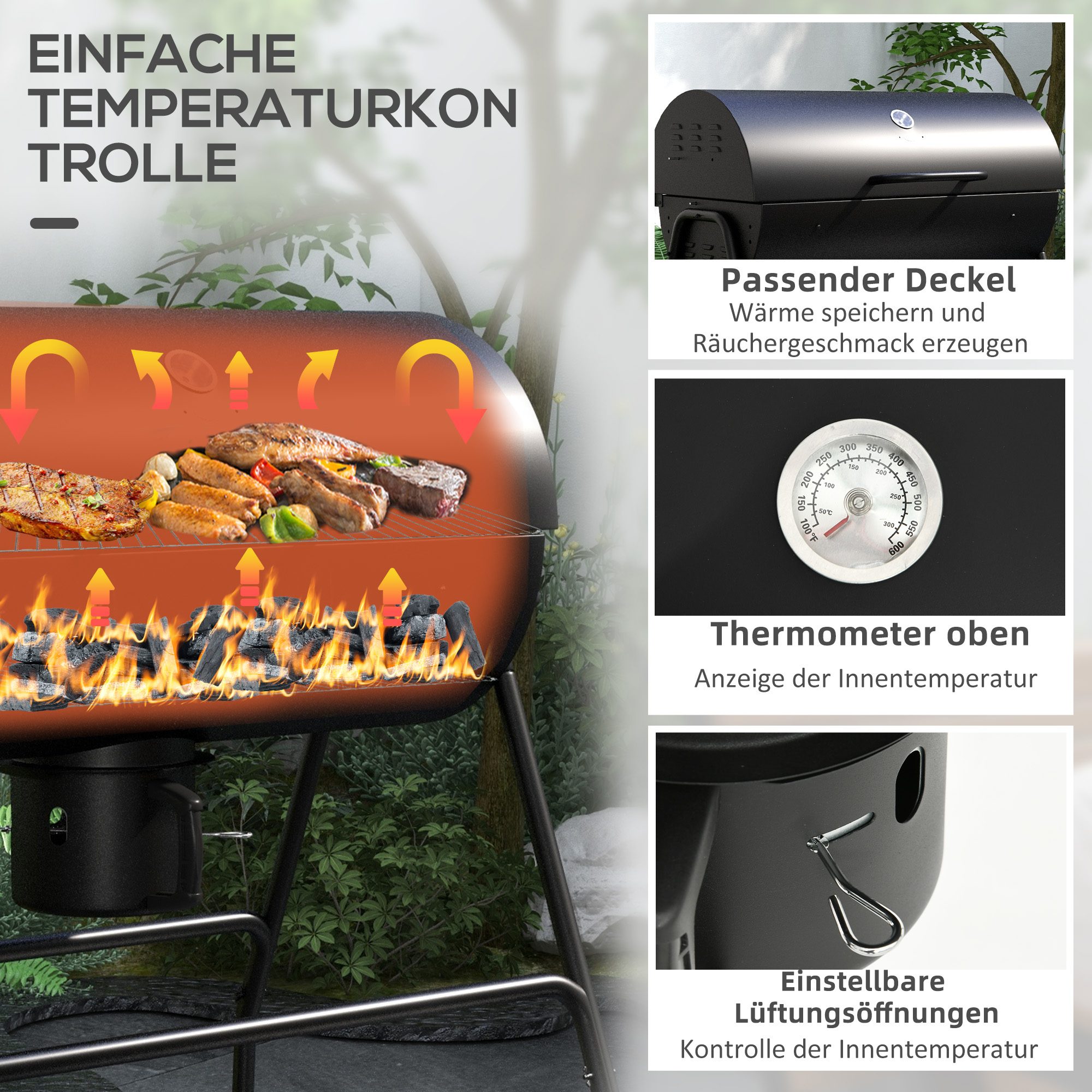 Holzkohlegrill aus Metall BBQ Smoker mit Deckel Thermometer Räder Grillwagen 95x71,5x102 cm Schwarz