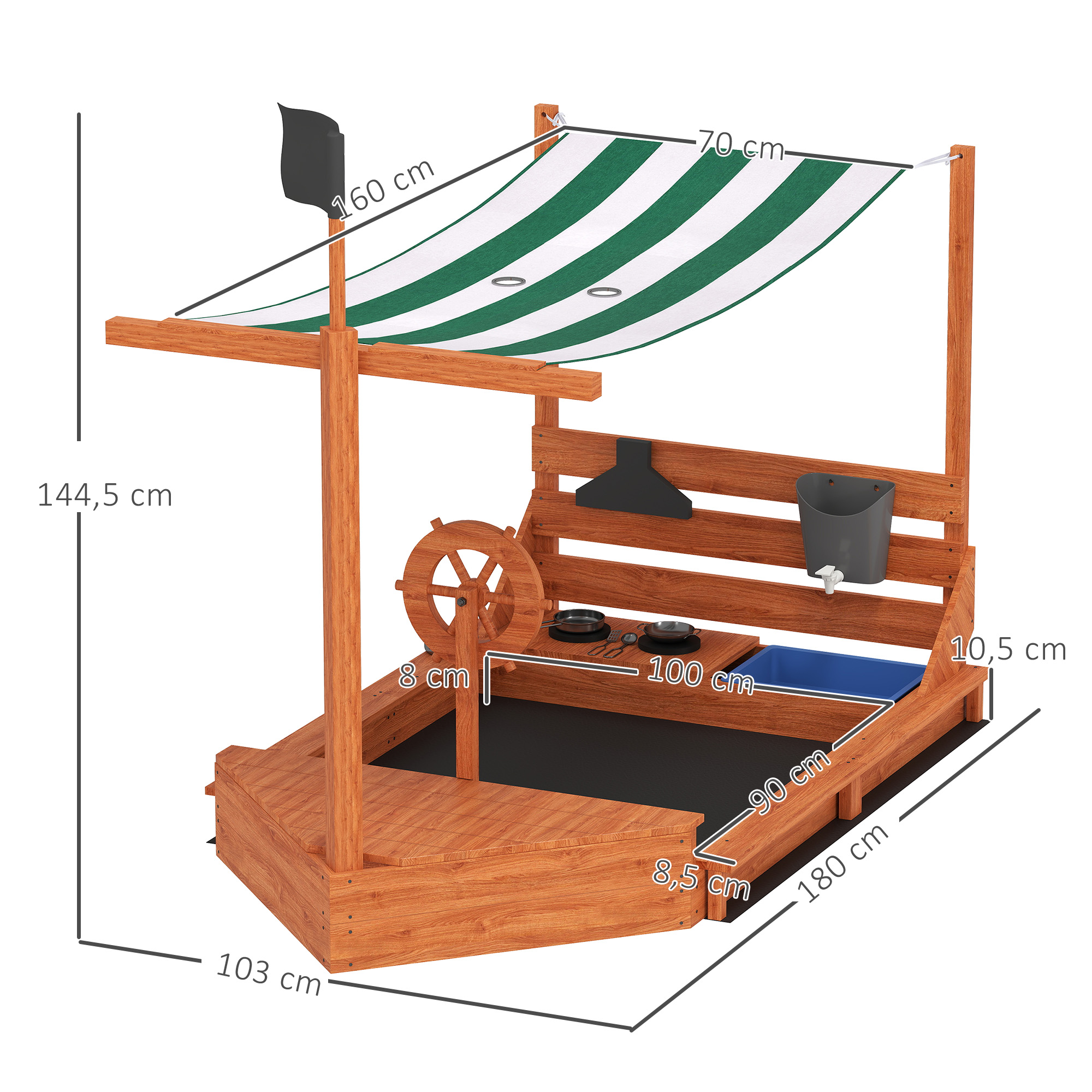 Sandkasten mit Sonnendach Piratenschiff, inkl. Kinderküchenspielset, Massivholz, 180 x 103 x 144,5 cm, Grün