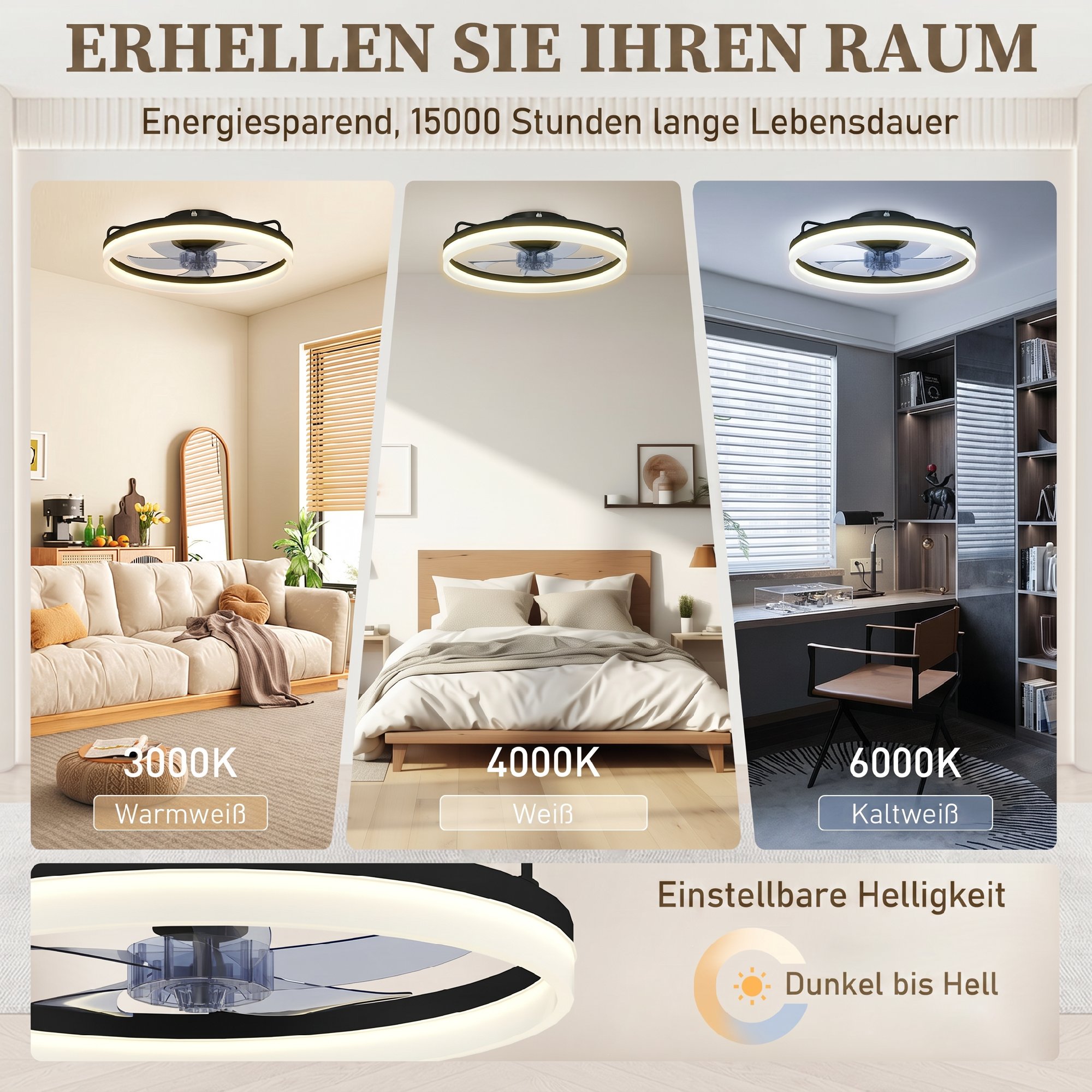 Deckenventilator mit Licht und Fernbedienung, 50 cm LED-Deckenventilator mit 3 Farben, 6 Geschwindigkeiten, Timer, Dimmbar