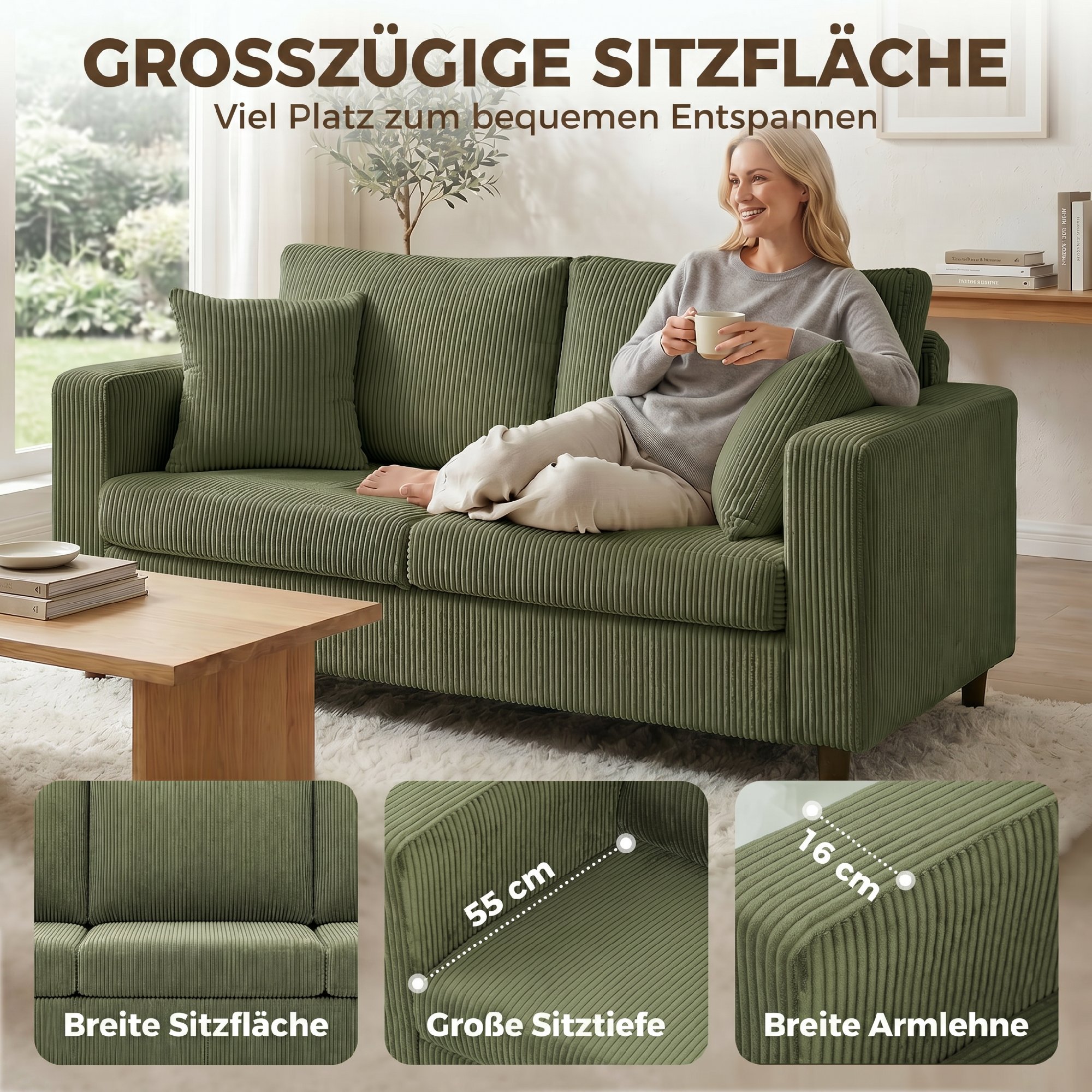 2-Sitzer-Cordsofa mit breiter tiefer Sitzfläche und Federkernpolster, grün