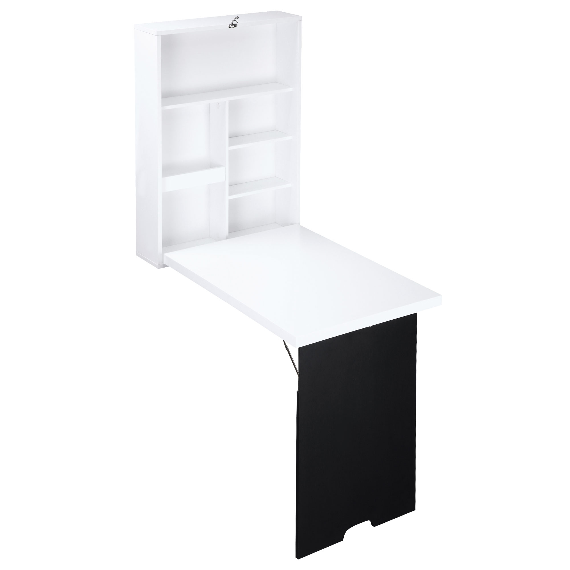 Wandschreibtisch, klappbare Tischplatte, 5 Fächer, 60x94,5x147cm, Schwarz/Weiß
