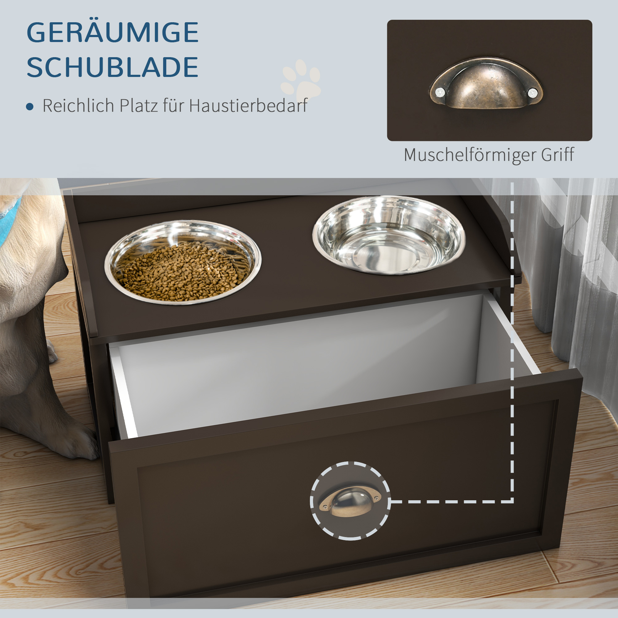 Futterstation erhöhte Fressnäpfe 2 Fressnäpfe, 2 Edelstahlschalen, 1 Stauraum, 60 x 30 x36 cm, Braun