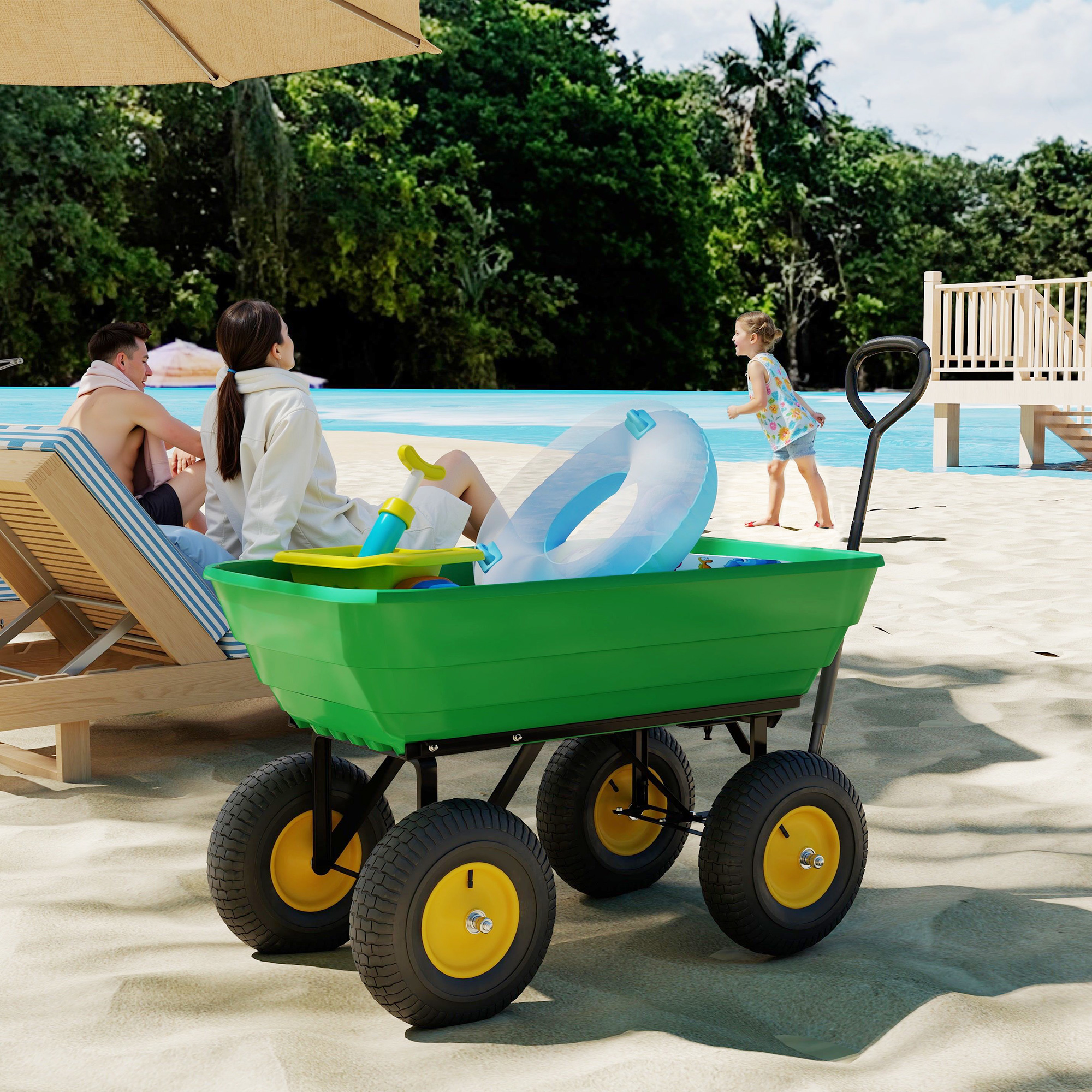 Gartenwagen mit Kippfunktion bis 200 kg Handwagen mit 75 Liter Kunststoffwanne Ziehgriff Luftbereifung Dunkelgrün