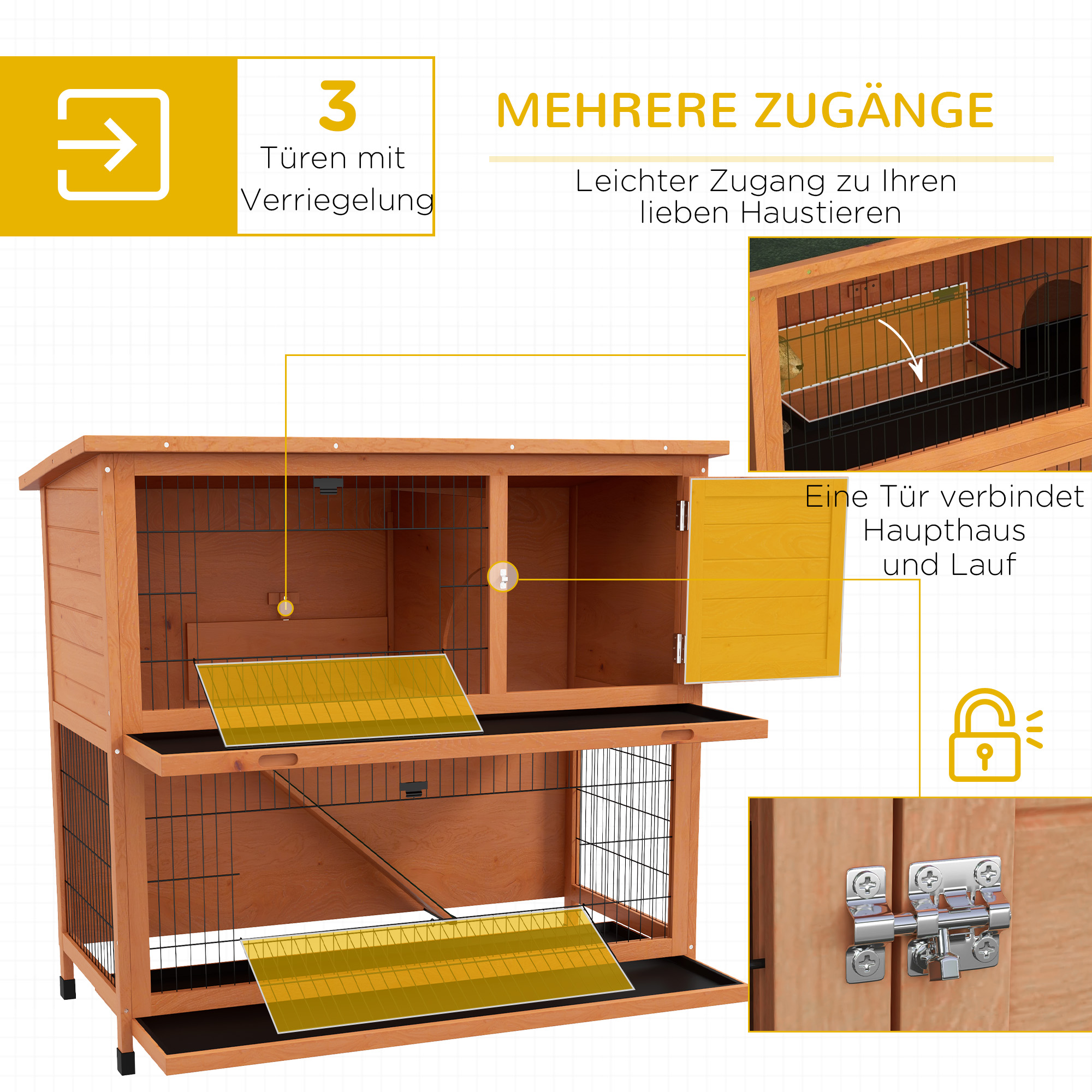 Kleintierstall Kleintierhaus Nagerstall, wetterbeständig, 2 Bodenwannen, 123 x 63 x 112 cm, Orange