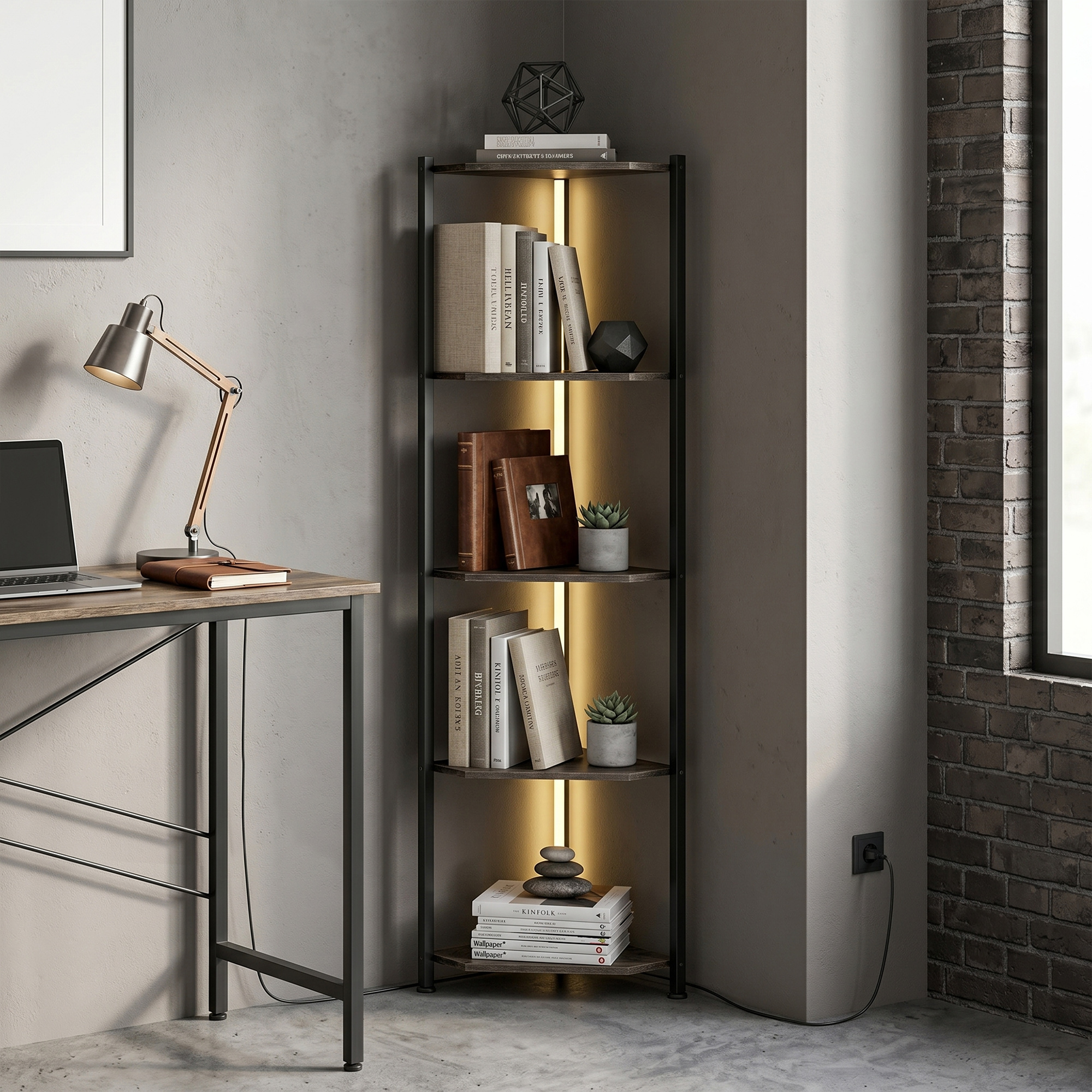 Bücherregal 5-stöckiges Eckregal mit LED-Beleuchtung für Wohnzimmer, Schlafzimmer, Büro, Rustikal Braun
