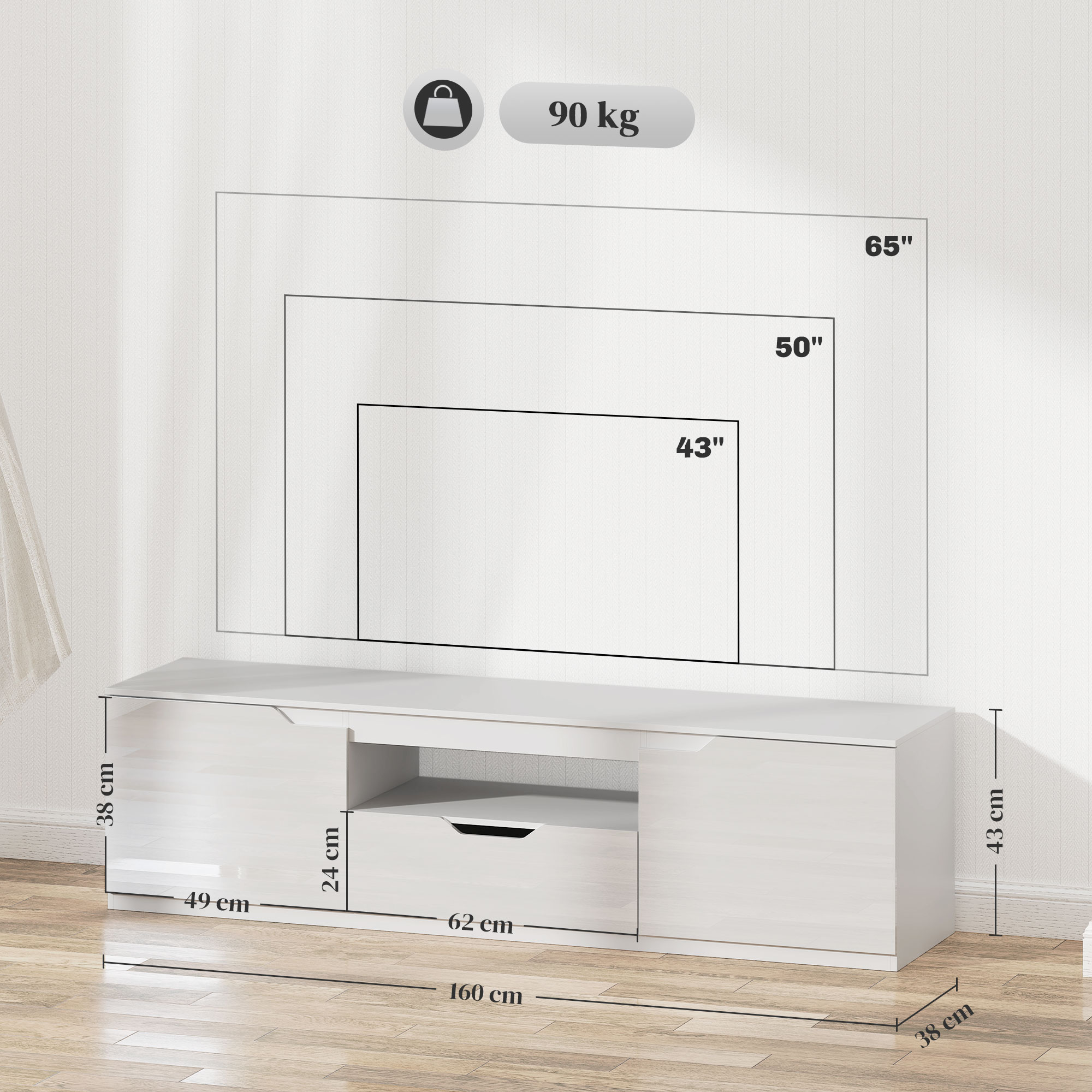 TV-Lowboard, Hochglanz, für Fernseher bis 65'', 3 Fächer, Schublade, 160 x 38 x 43 cm, Weiß