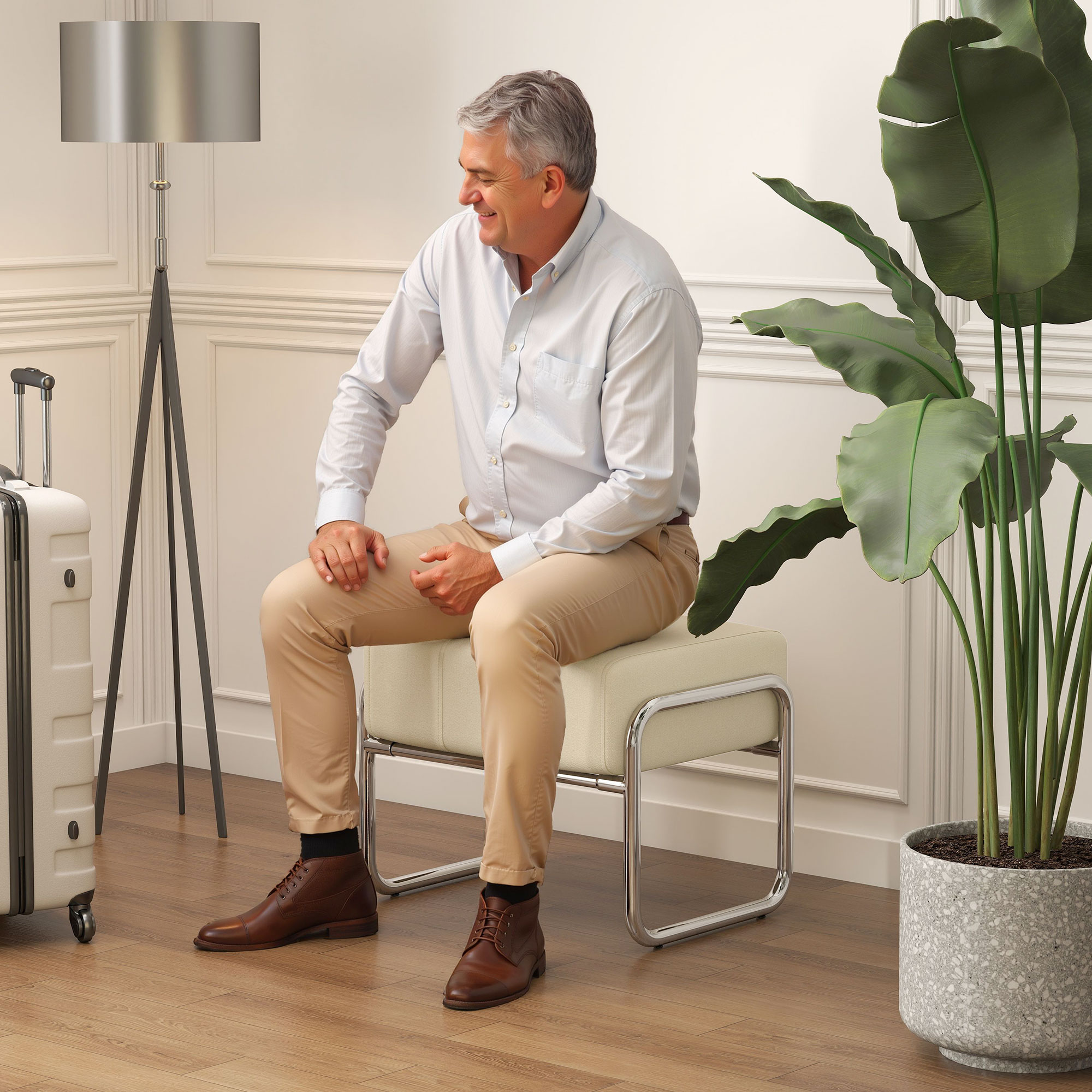 Fußhocker Sitzhocker Dick Gepolstert Hocker mit Chenille-Stoff Stahlbeinen für Schlafzimmer, Beige