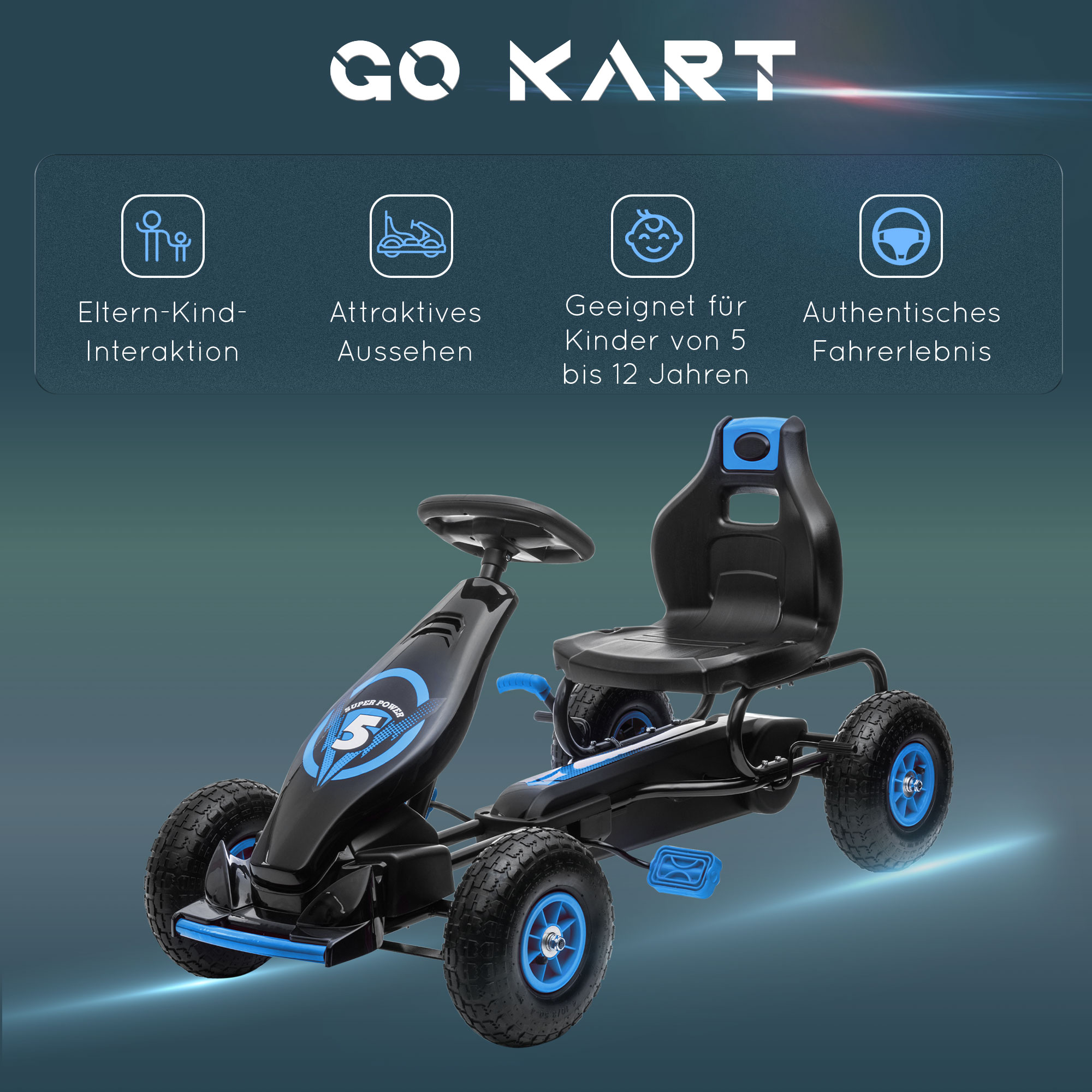 Kinder-Gokart, mit Pedalen, verstellbarem Sitz, In- und Outdoor, ab 5 Jahren, blau+schwarz, 121 x 58 x 61 cm