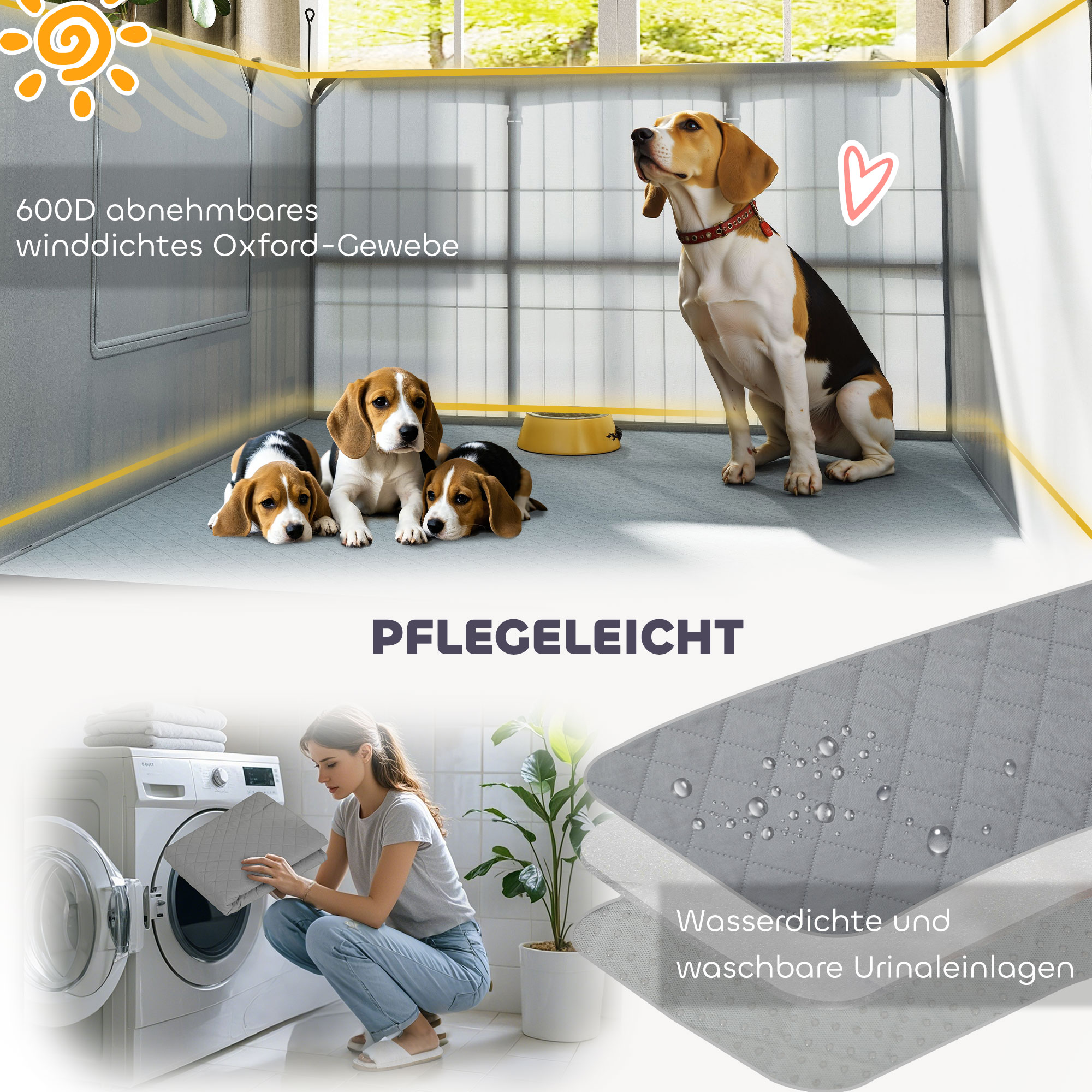 Wurfkiste für Welpen, Wurfbox Welpenlaufstall mit 7 Paneele, 2 Bereichen, Waschbare Wurfunterlage, 203x102x60cm Schwarz