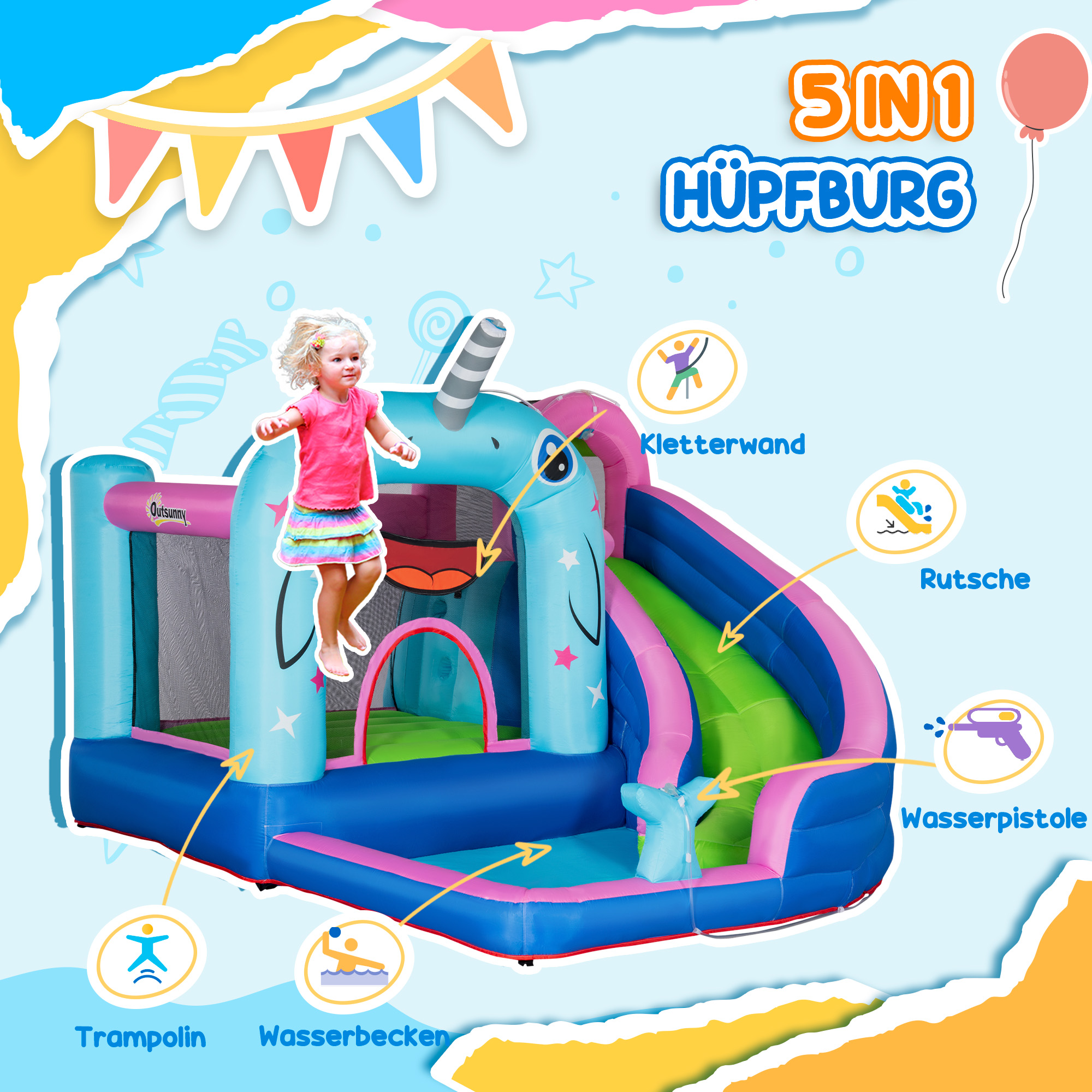 Aufblasbare Hüpfburg mit Rutsche, Hüpfecke, Wasserbecken, Wasserdüsen, 330 x 280 x 200 cm