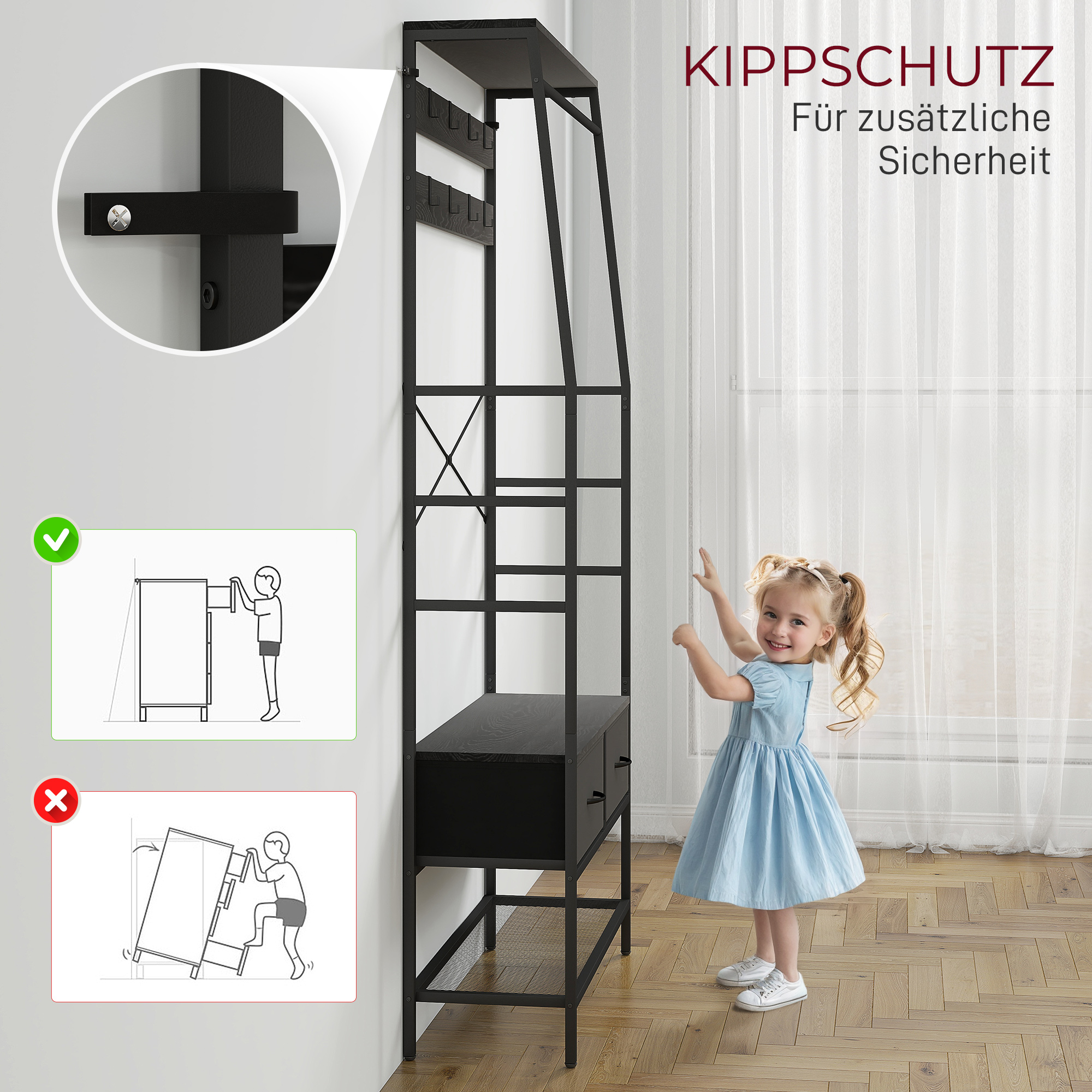 Garderobenständer mit Schuhregal, Kleiderständer im Industrie-Design, 2 Stoffschubladen, 8 Haken, Metallrahmen, Schwarz