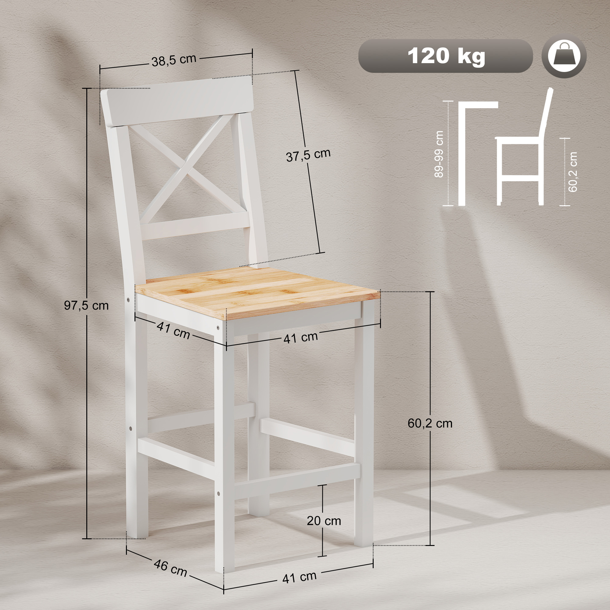 Barhocker 2er Set Barstuhl aus Kiefernholz mit Fußstütze, Lehne, Landhaus-Stil für Küche, Wohnzimmer, Natur