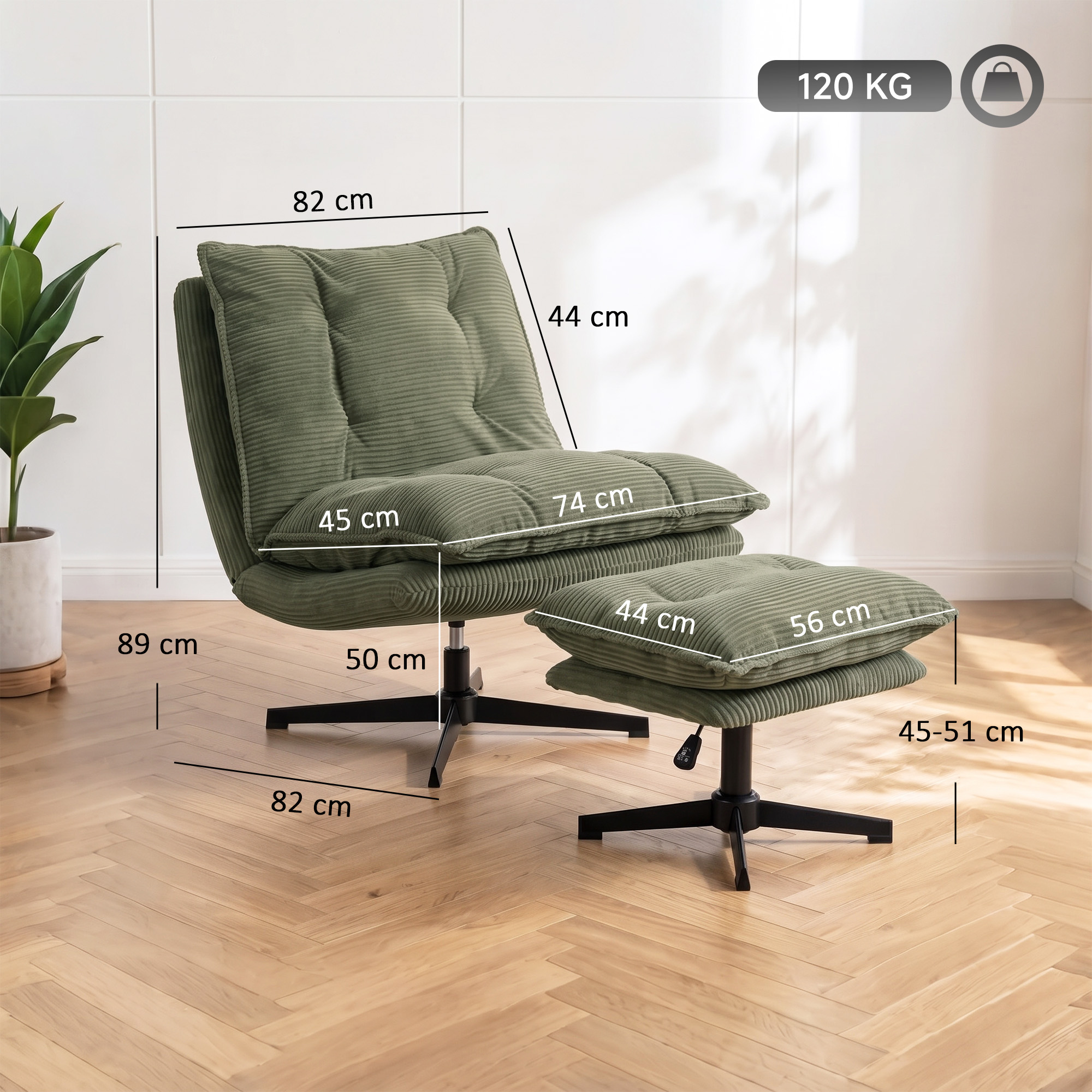 Loungesessel mit Hocker, 360° drehbar, Cordbezug, höhenverstellbare Fußstütze, Grün
