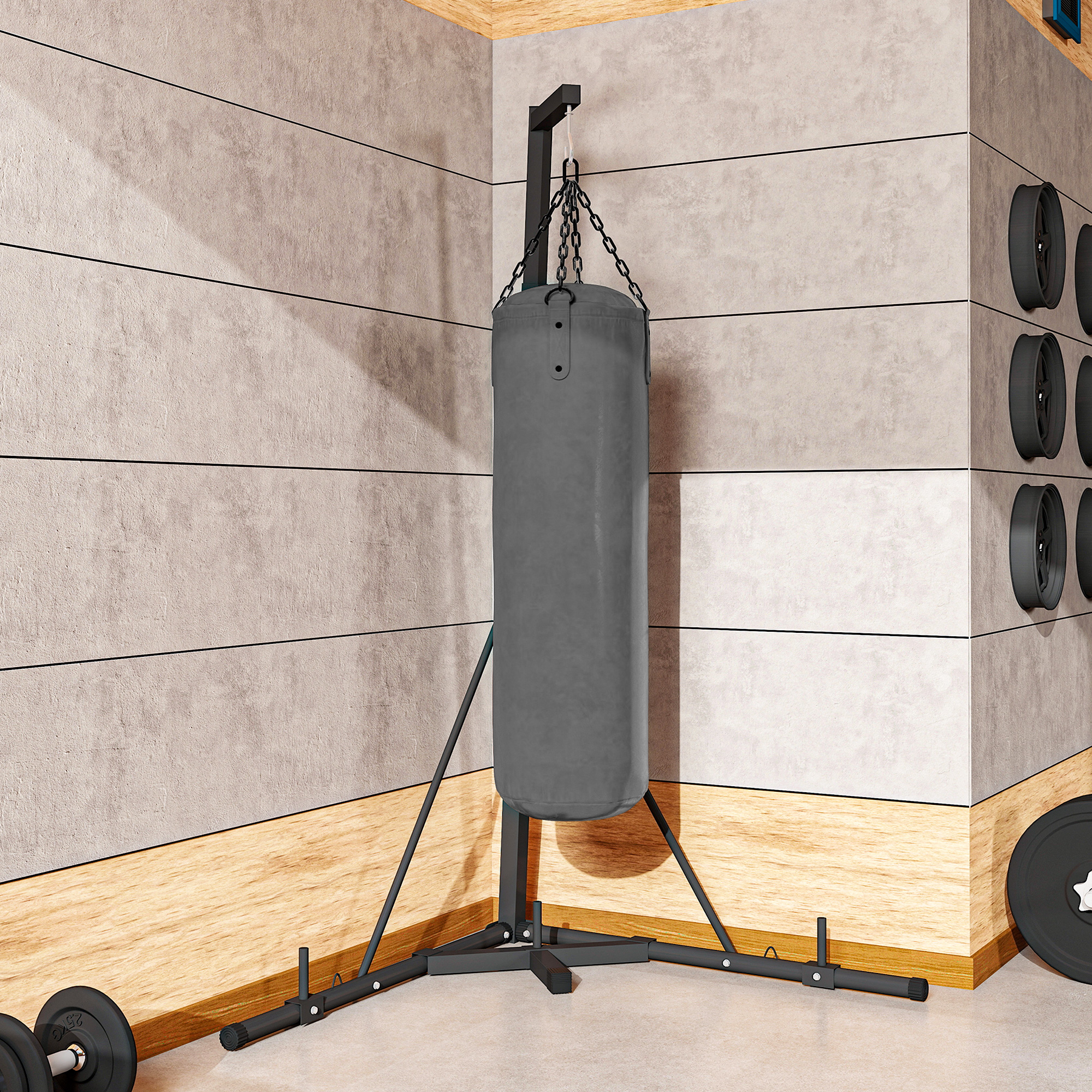 Boxsackständer, Boxsackhalterung, höhenverstellbar, freistehend, klappbar, Stahl, 170 x 90 x 225 cm, schwarz