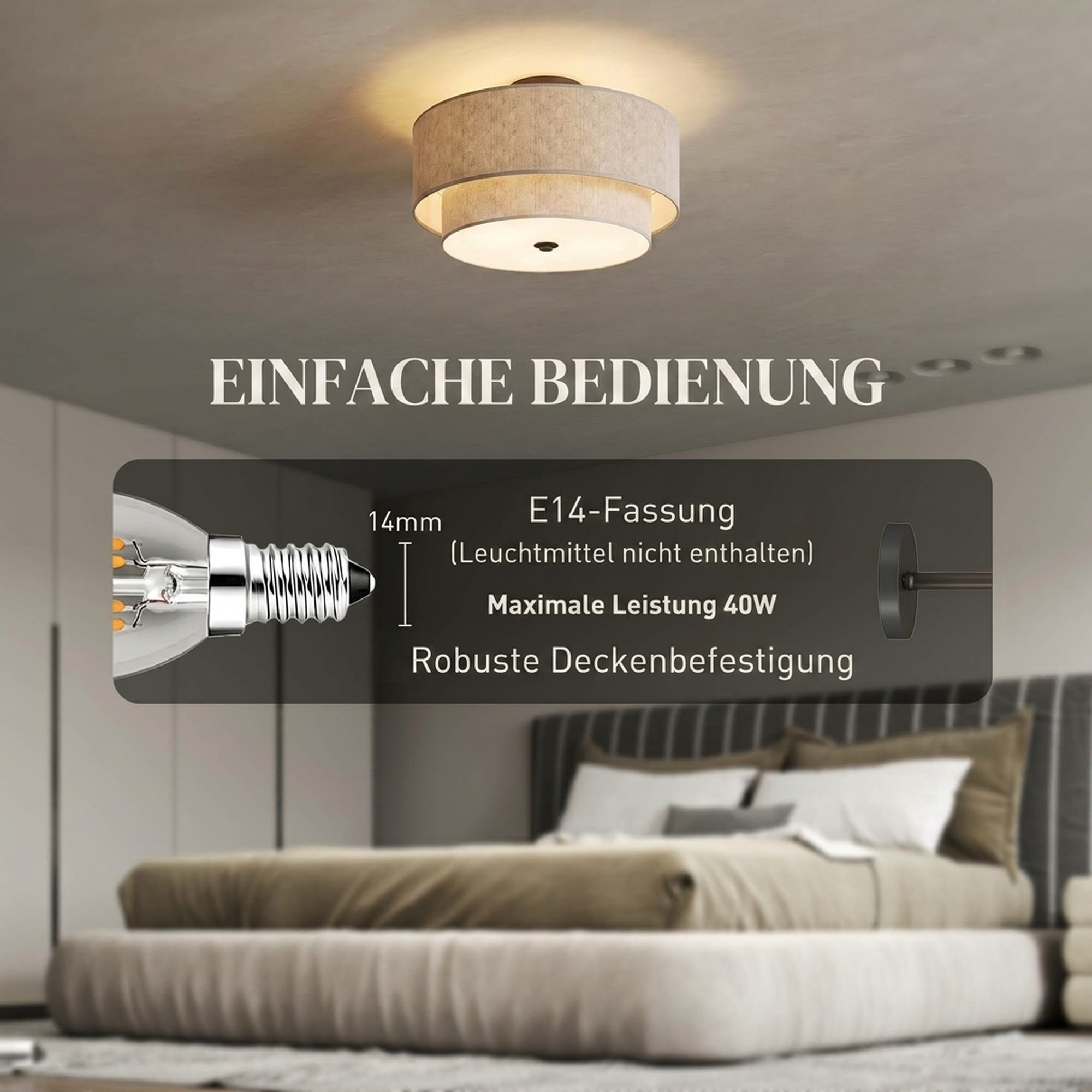 Deckenlampe, Hängeleuchte mit doppelten Schirmen in Leinenoptik, Taupe