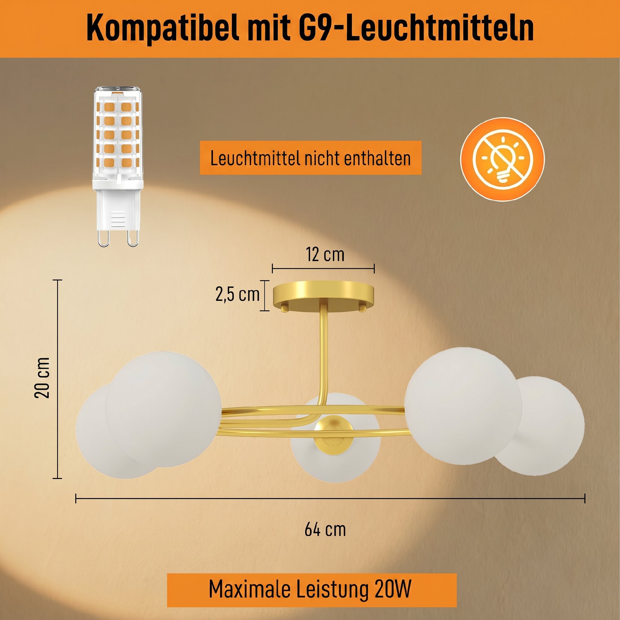 Deckenleuchte 20W Deckenlampe mit 5 G9-Fassungen, Eleganter Gold-Weiß-Look, Leuchtmittel nicht enthalten