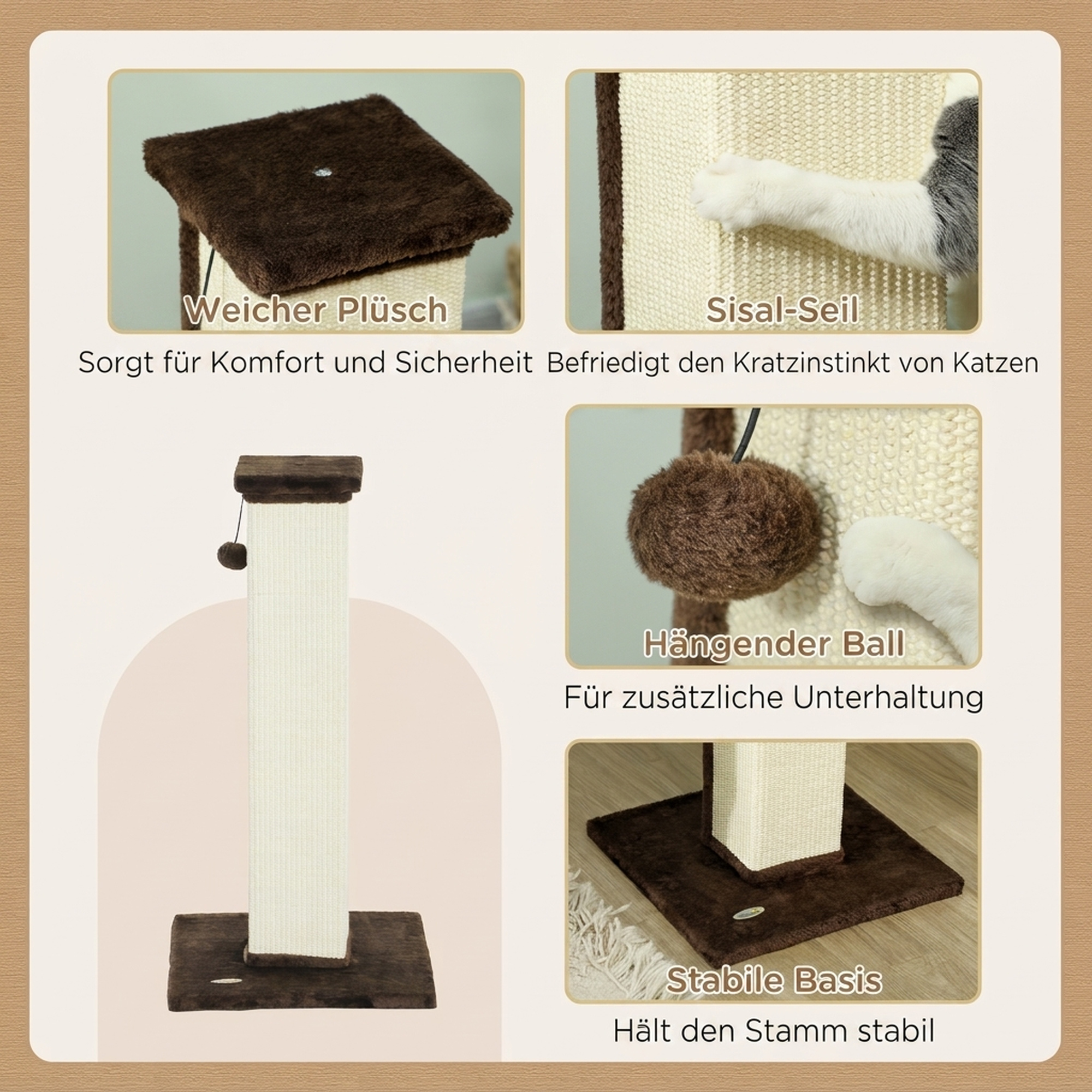 Kratzbaum Katzenbaum, inkl. Spielball, Plüsch, Sisal, 41 cm x 41 cm x 81 cm, Creme + Braun