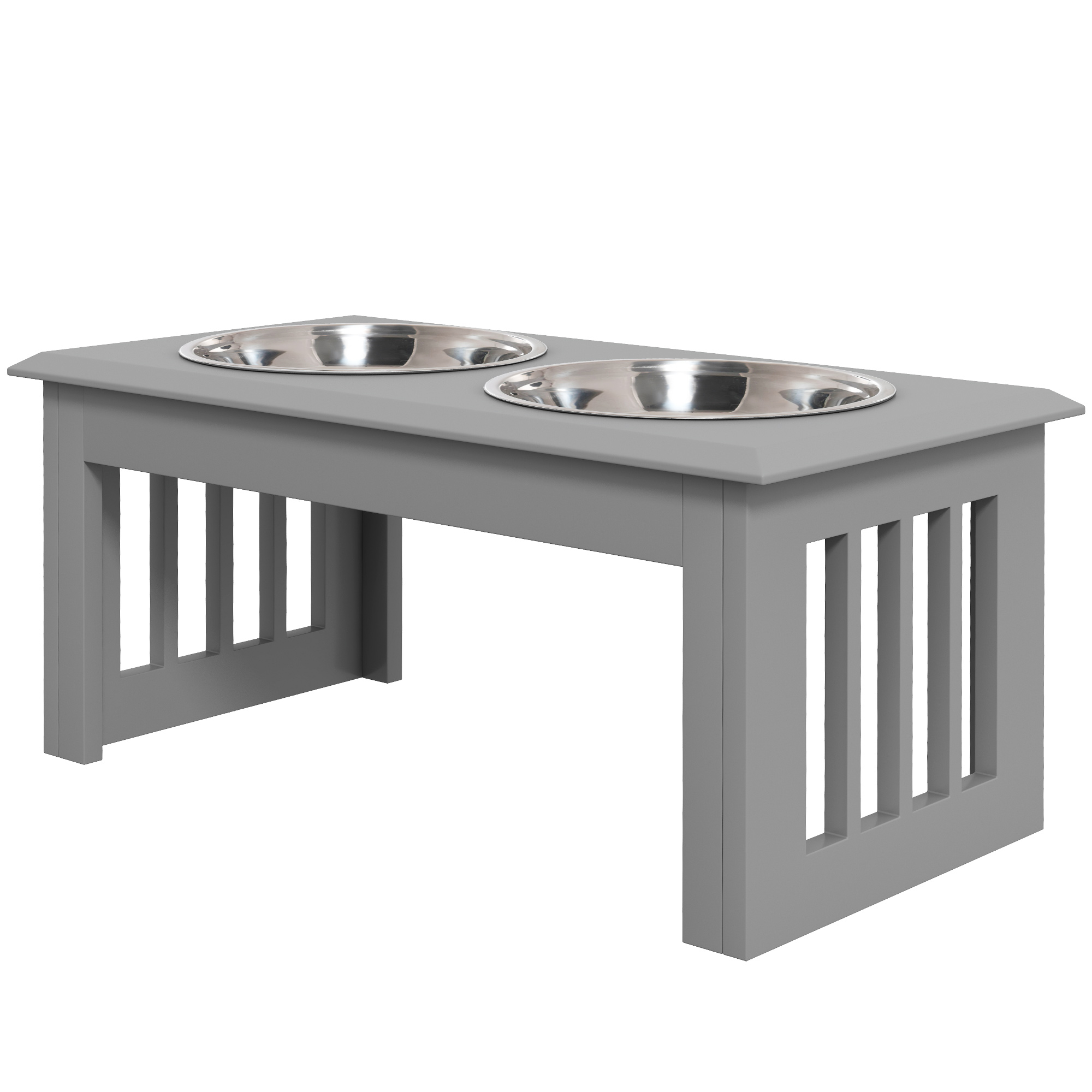 Hunde-Futterstation, 2 Edelstahlnäpfe, rutschfest, 58,4x30,5x25,4cm, Grau