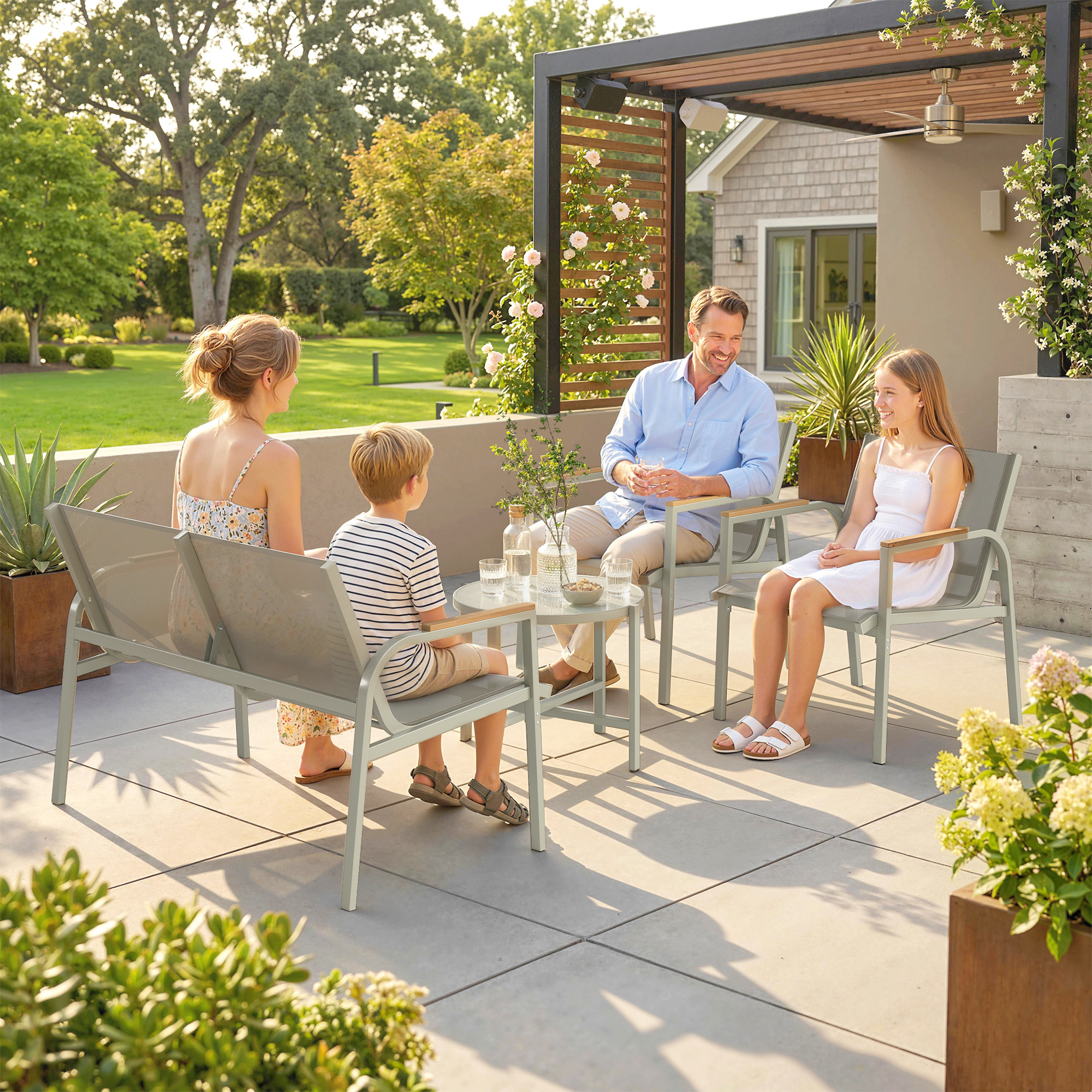 Gartenmöbel Set wetterfest Metall Sitzgruppe für 4 Personen Gartenlounge mit 2er-Sofa 2 Sesseln Beistelltisch Grün
