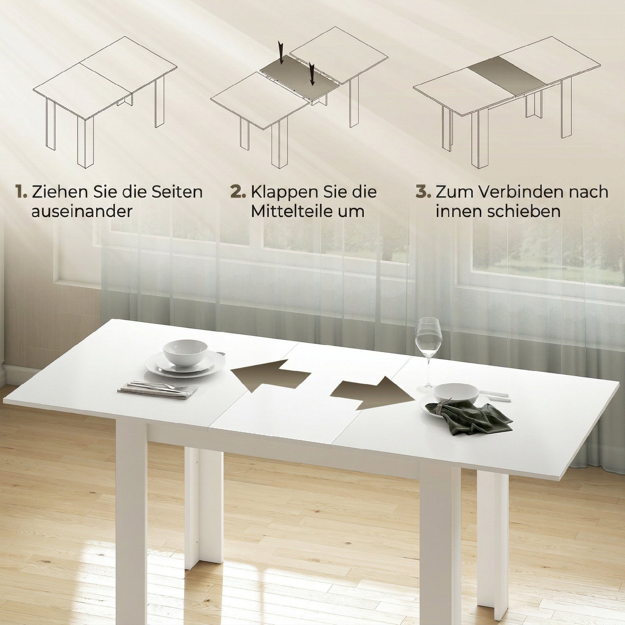 Esstisch ausziehbar, 140/180 x 80 cm Küchentisch für 6-8 Personen, für Küche, Esszimmer, Weiß