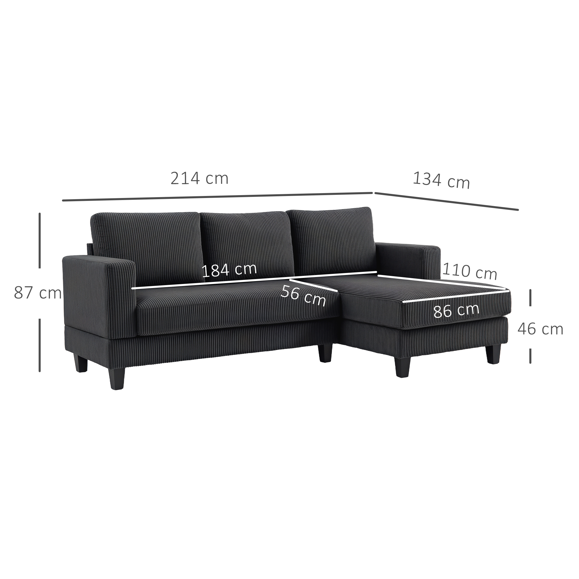 Ecksofa, L-förmiges 3-Sitzer-Sofa mit Chaiselongue, Holzkonstruktion, 8 Beine, Cordstoff, Schaumstoffpolsterung, Grau