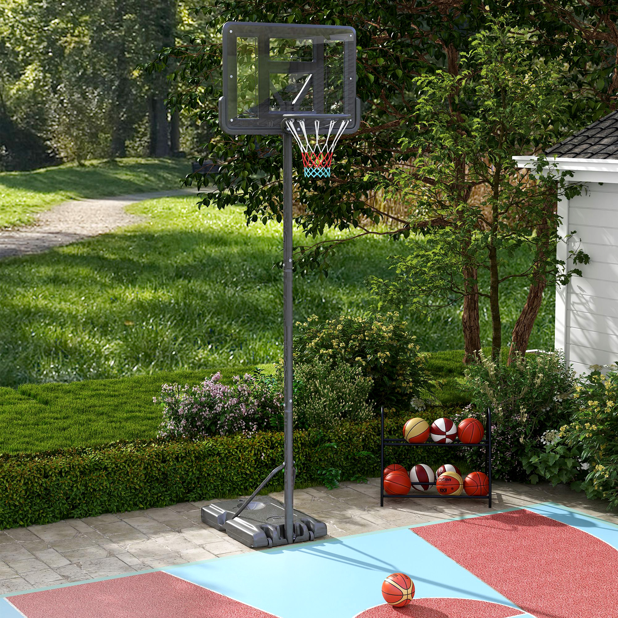 Basketballständer, Outdoor/Indoor, höhenverstellbar, mit Rädern, befüllbare Basis, Korbhöhe 2,30-3,05 m