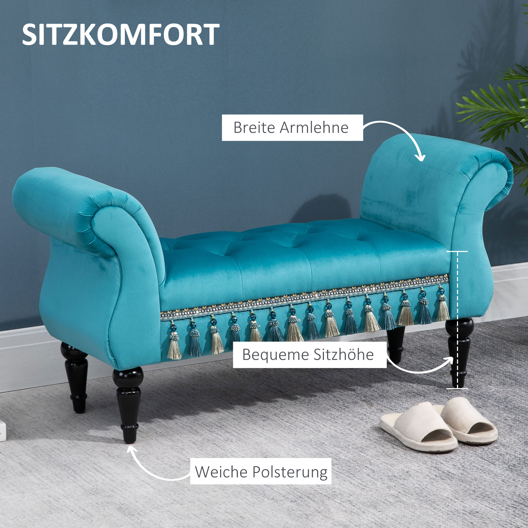 Sitzbank Polsterbank mit Samt-Bezug, Armlehne Bettbank mit Holzrahmen, Schuhbank für Schlafzimmer, Wohnzimmer, Flur 117 x 40 x 58 cm Blau