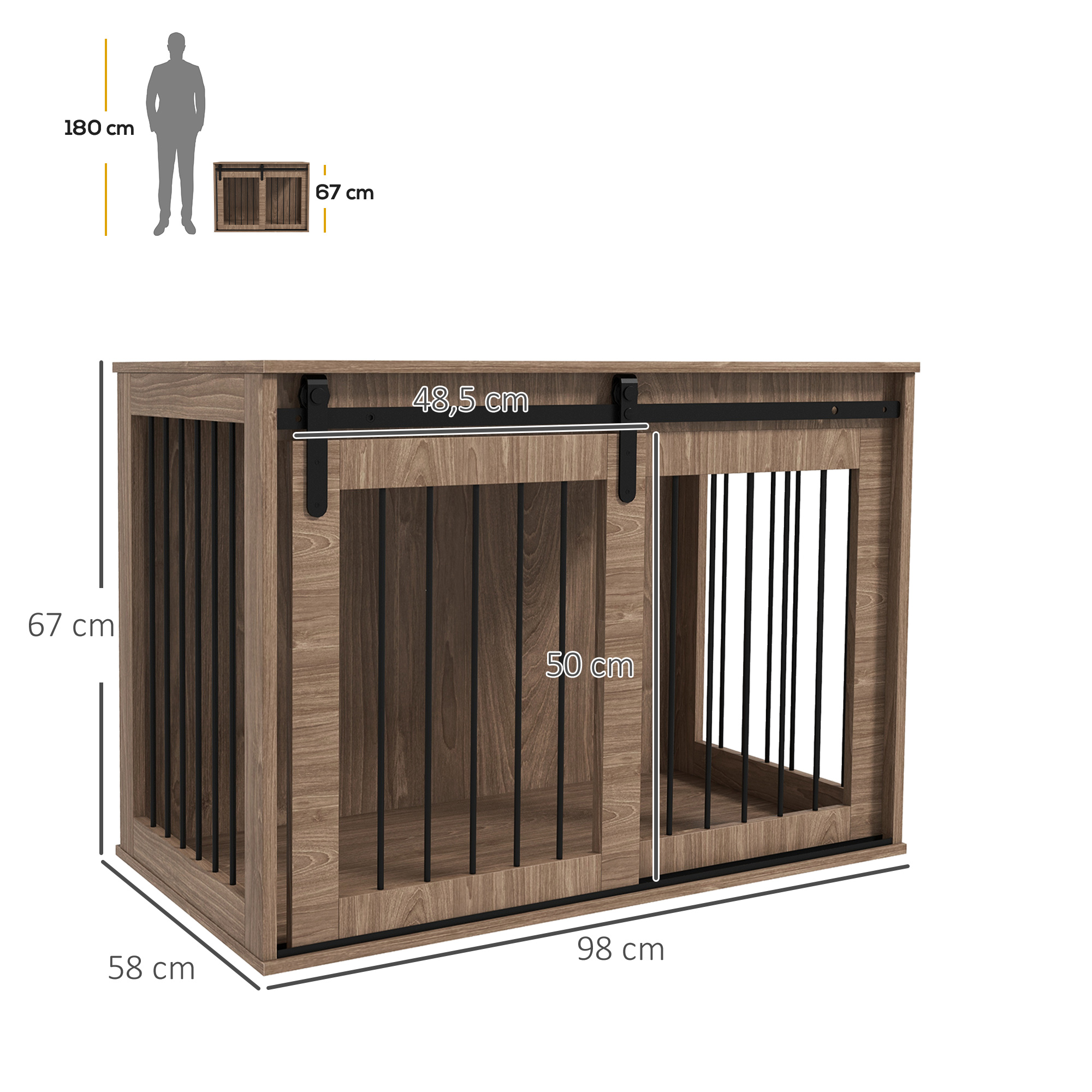 Hundebox Hundekäfig, Verriegelbar, Holzoptik, rustikales Design, 98 cm x 58 cm x 61 cm, Walnuss + Schwarz