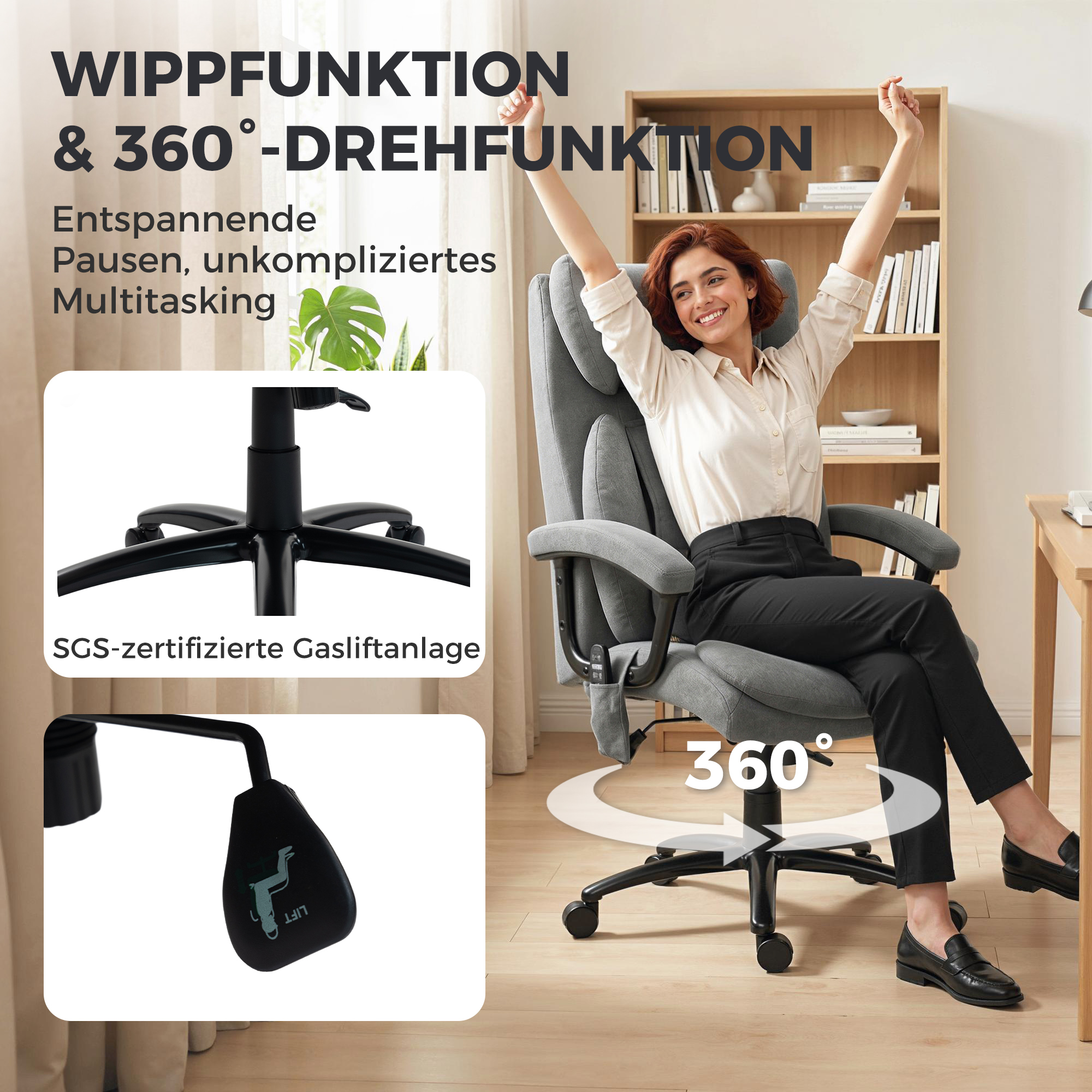 ergonomischer Massage-Bürostuhl mit 4 Knetpunkten, Chefsessel mit hoher Butterfly-Rückenlehne, breitem Sitz, Grau