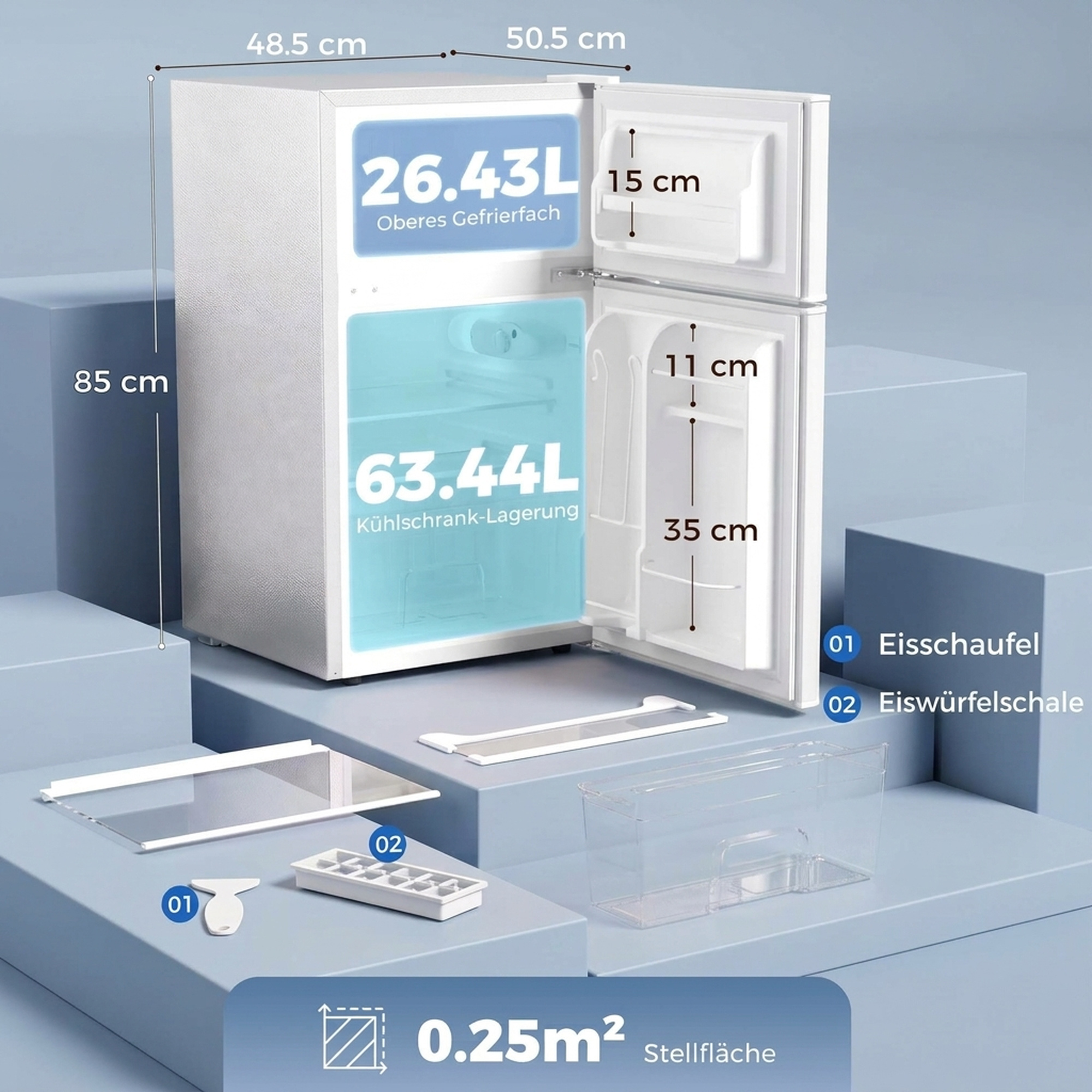 Mini Kühlschrank mit Gefrierfach 2-Türiger mit Einstellbarem Thermostat Kleiner Getränkekühlschrank 90L Weiß