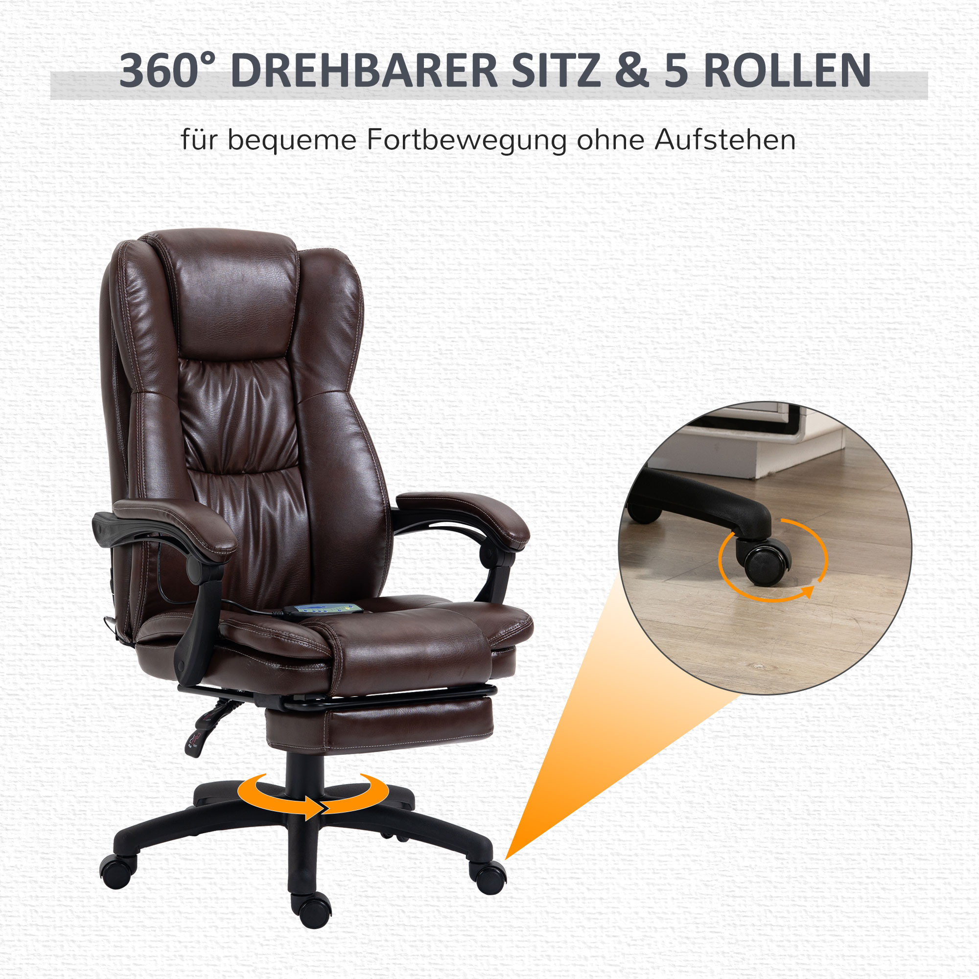 verstellbarer Drehstuhl mit Fußstütze, Kopfstütze, Massagefunktion, Kunstleder, 68,5x68,5x113-121cm, Braun