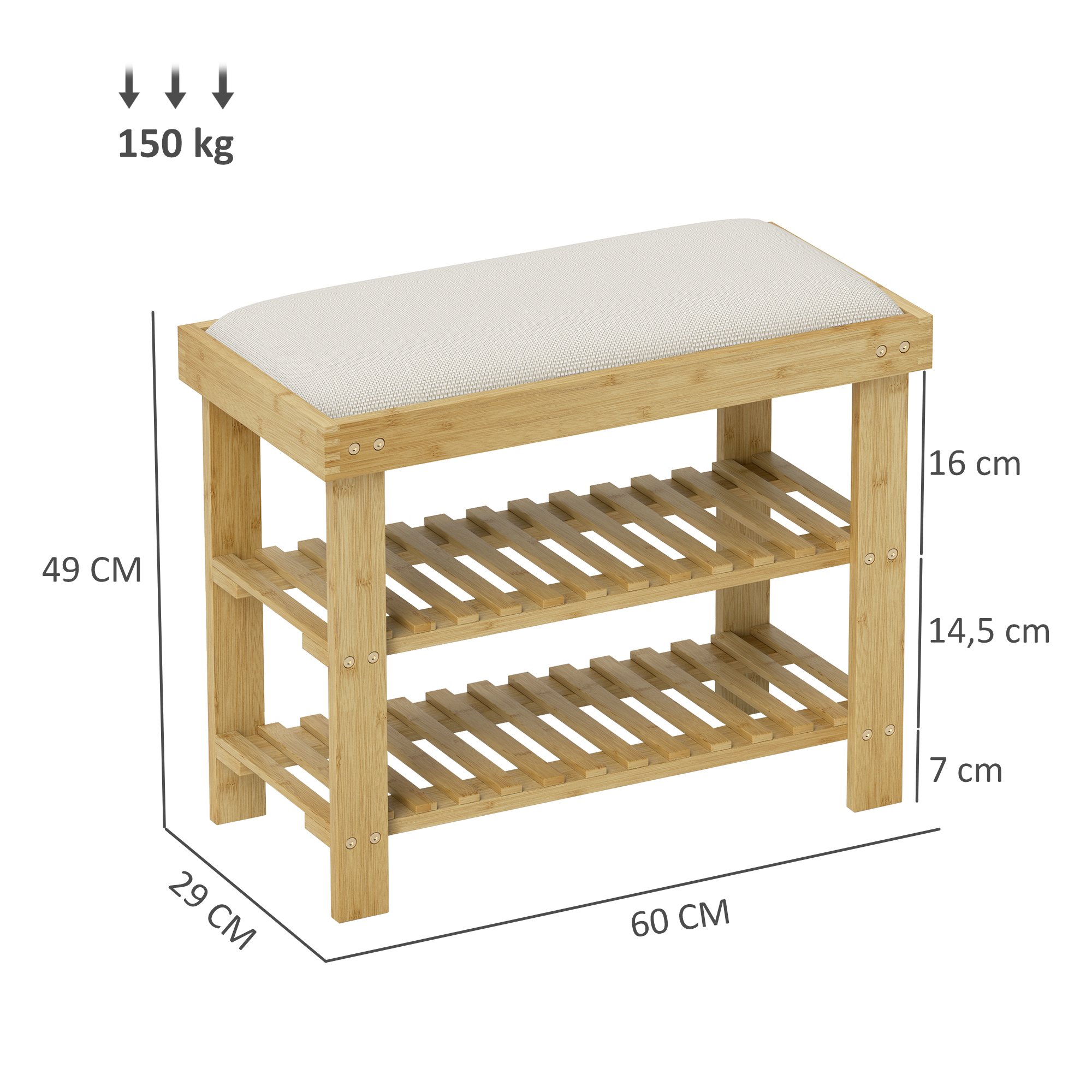 Schuhbank mit Sitzfläche, Bambus Sitzbank mit Stauraum, 2 offene Fächer, Sitzbank 60 x 29 x 49 cm Cremeweiß
