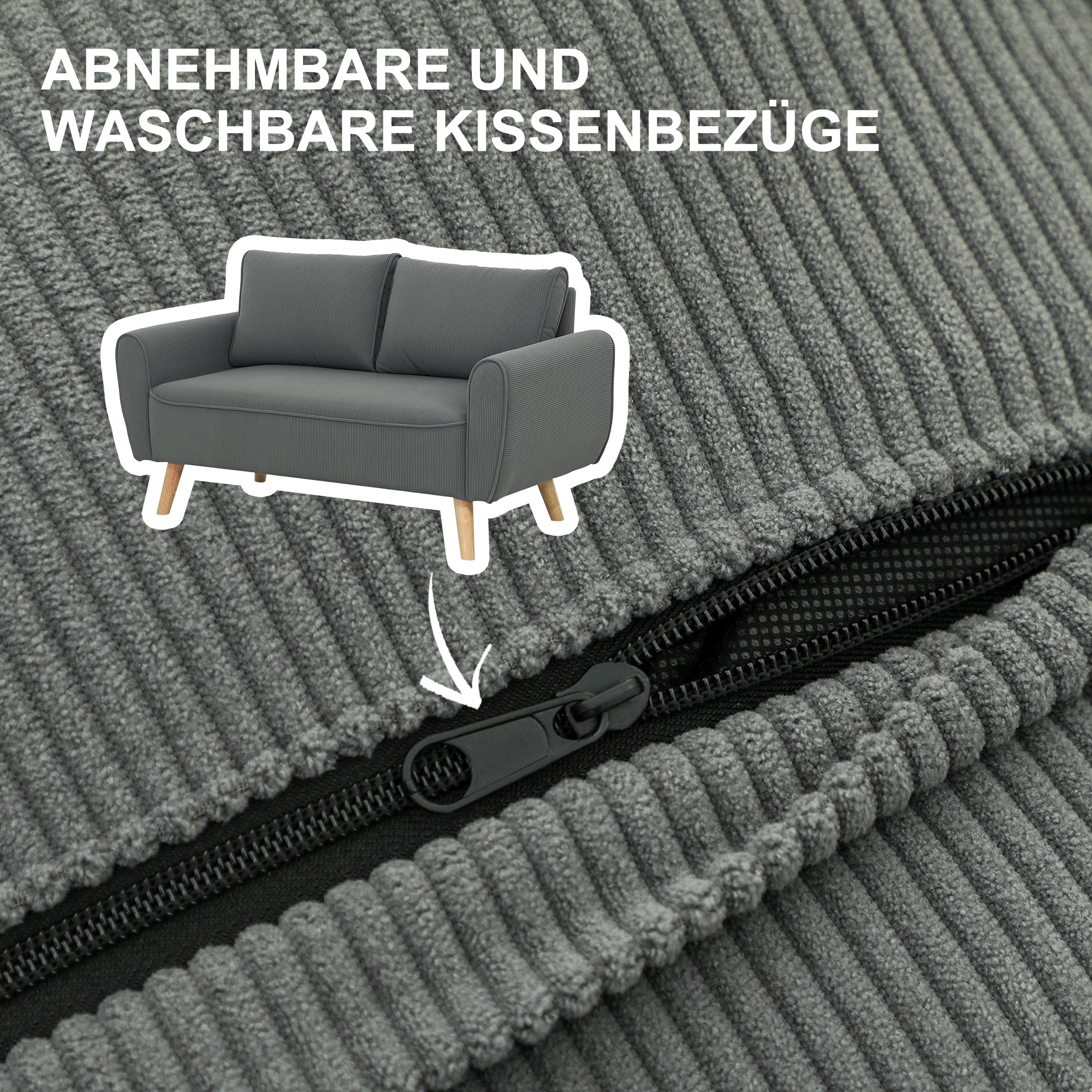 Zweisitzer-Sofa, Stoffcouch, 2 Rückenkissen, Cordbezug, 145 x 75 x 78 cm, Anthrazit