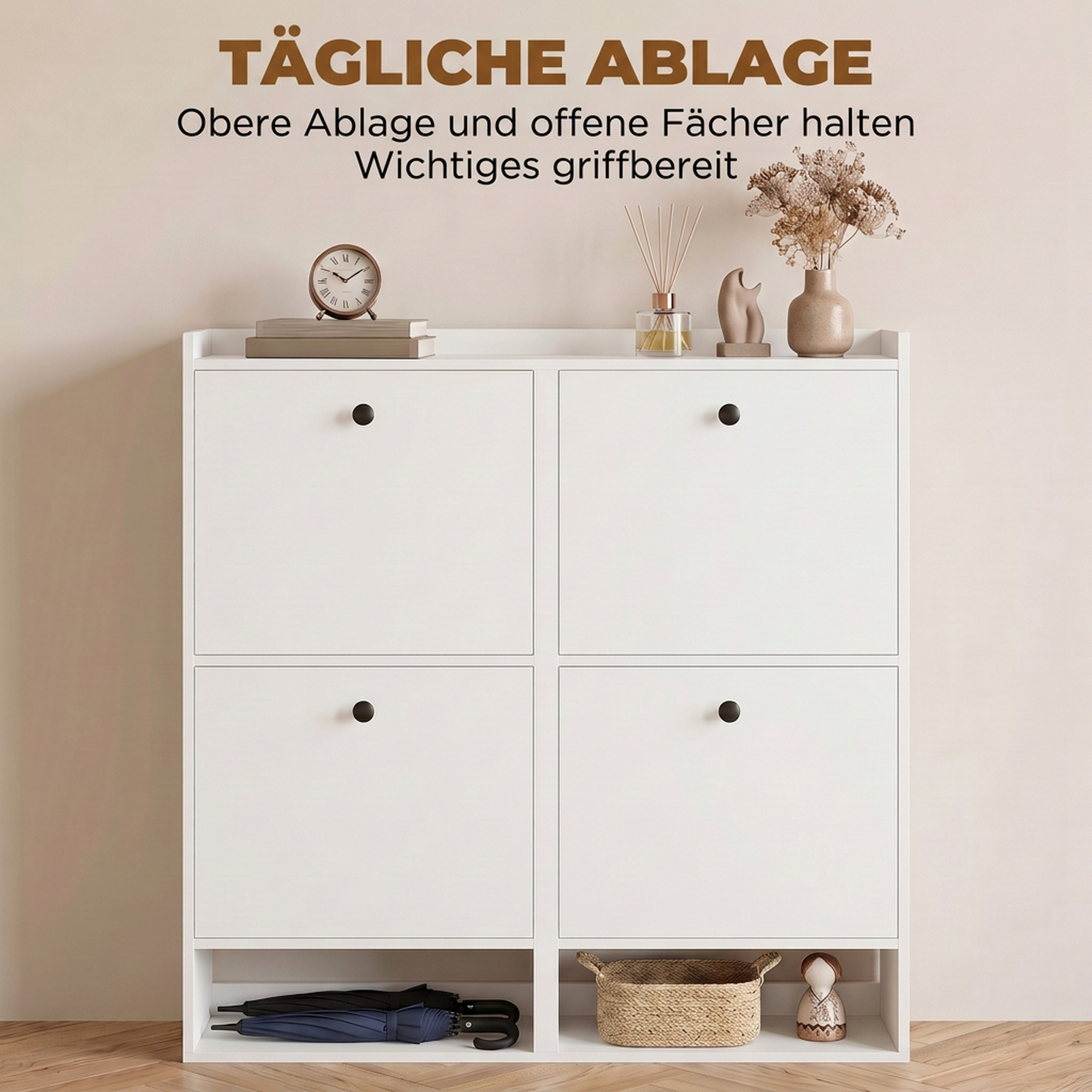 Schuhschrank mit 4 Klappfächern, verstellbaren Trennwänden, offenem Regal und oberer Ablage, Weiß