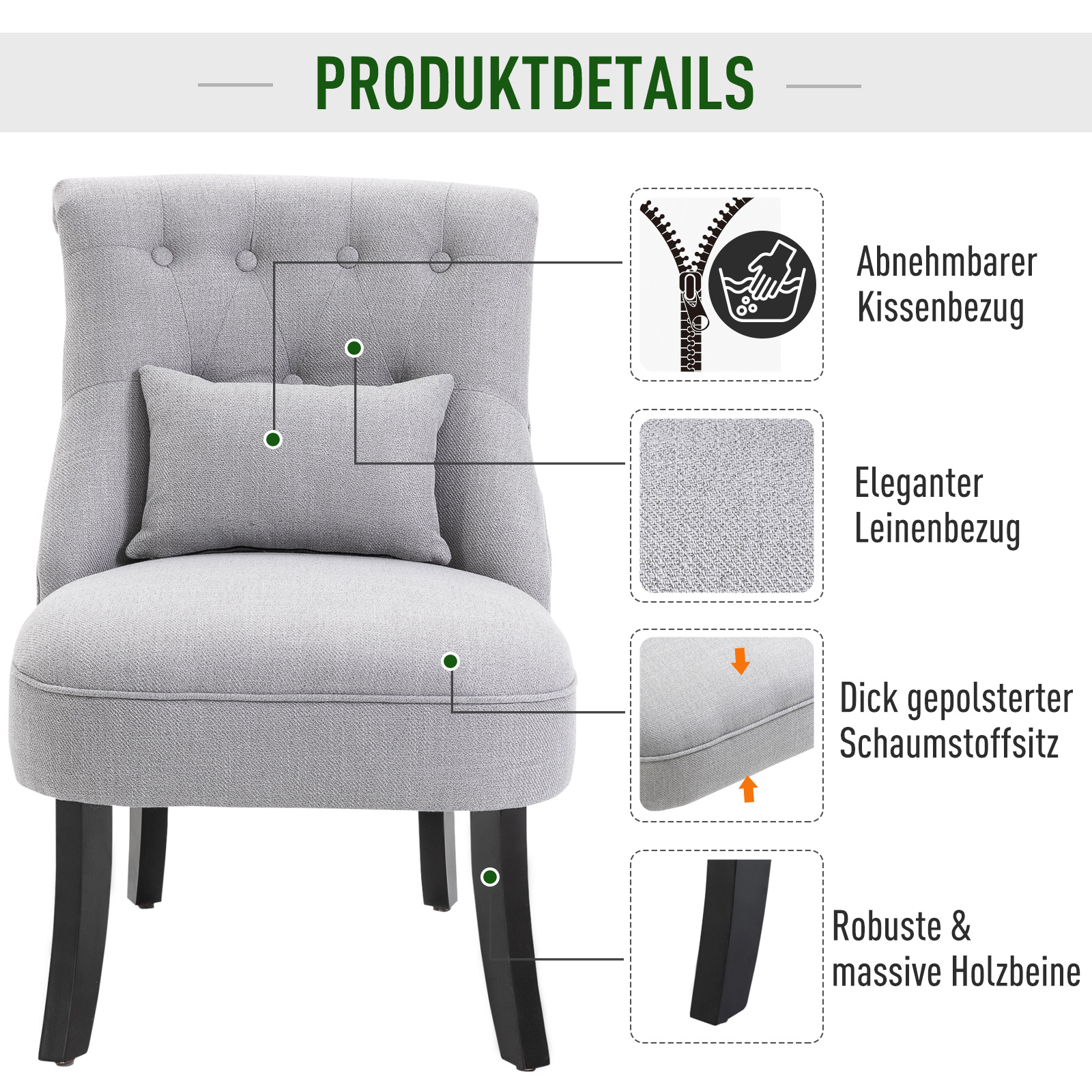 Sessel Wohnzimmer Relaxsessel Loungesessel Ruhesessel mit Rückenkissen, Holzbeine, Lesesessel mit Leinenoptik, Polstersessel für Schlafzimmer, Grau