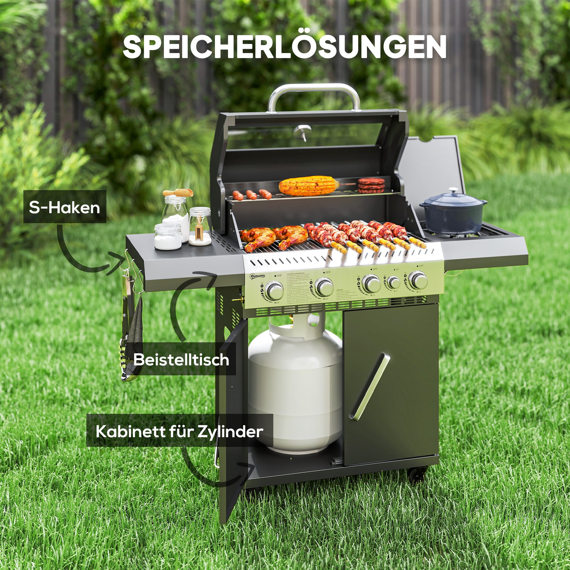 Gasgrill 12 KW Grillwagen inkl 5 Brenner Seitenkocher Rolle Deckel Thermometer Seitenablagen 135 x 54 x 110 cm