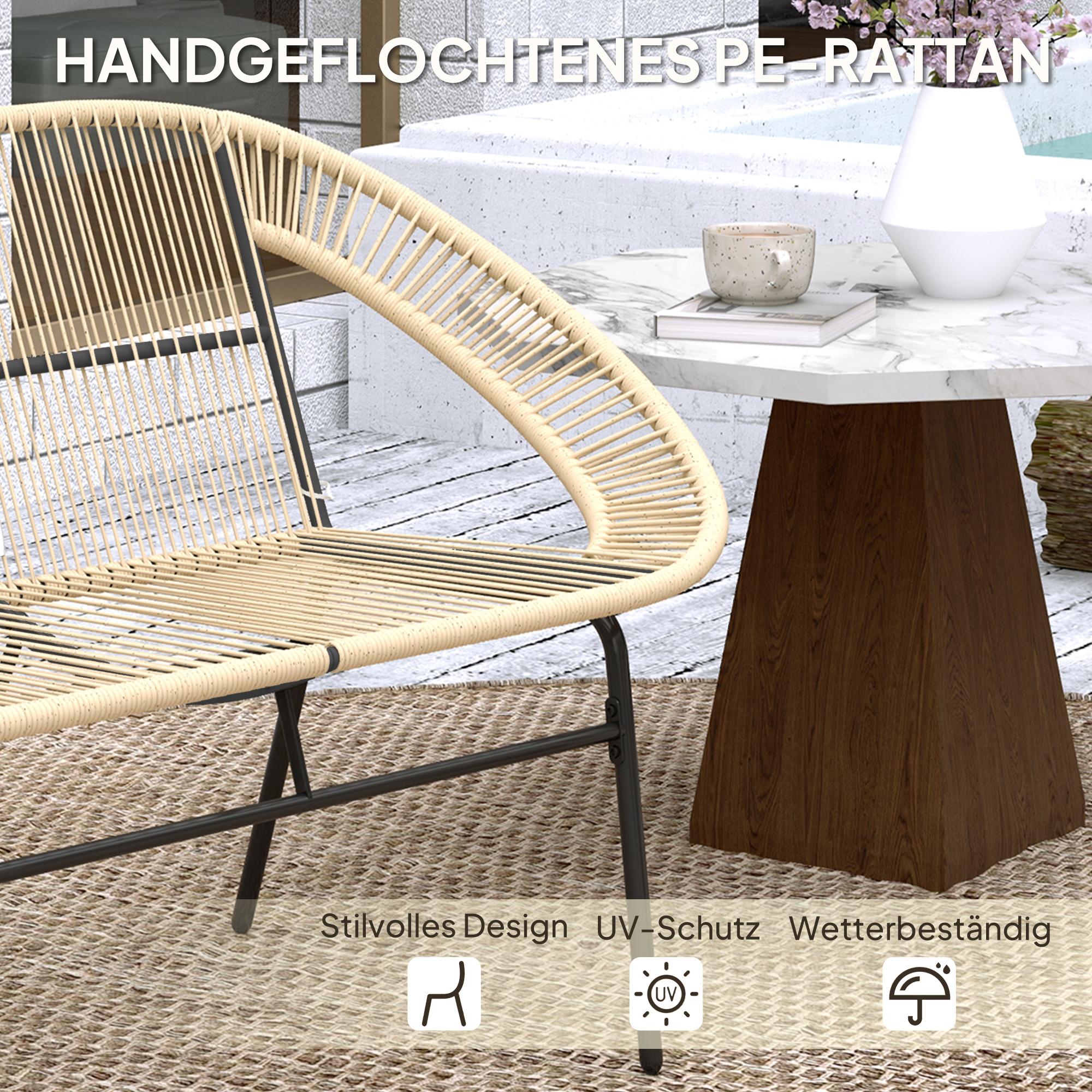 2-Sitzer Gartenbank Polyrattan, wetterfest Sitzbank im Rattanflecht-Design, UV-Beständig 260kg belast Khaki